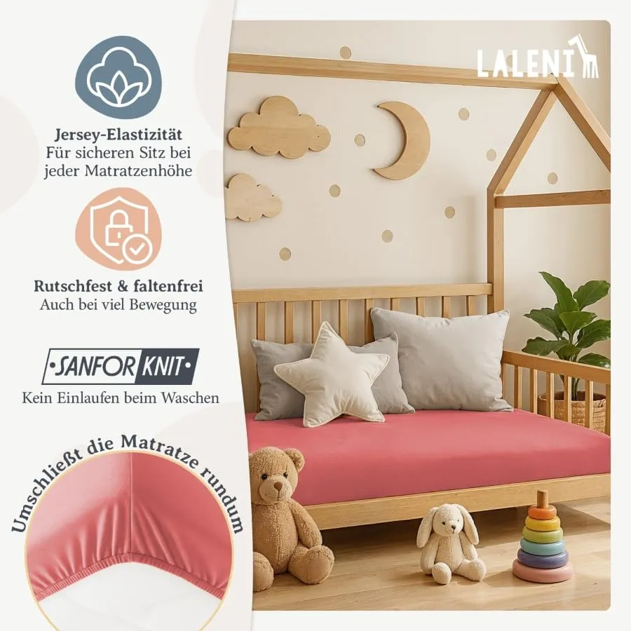 Laleni Lenzuola Coprimaterasso per Culla e Lettino in Cotone 135gsm, Corallo, 28x73cm - 30x76cm - immagine 4