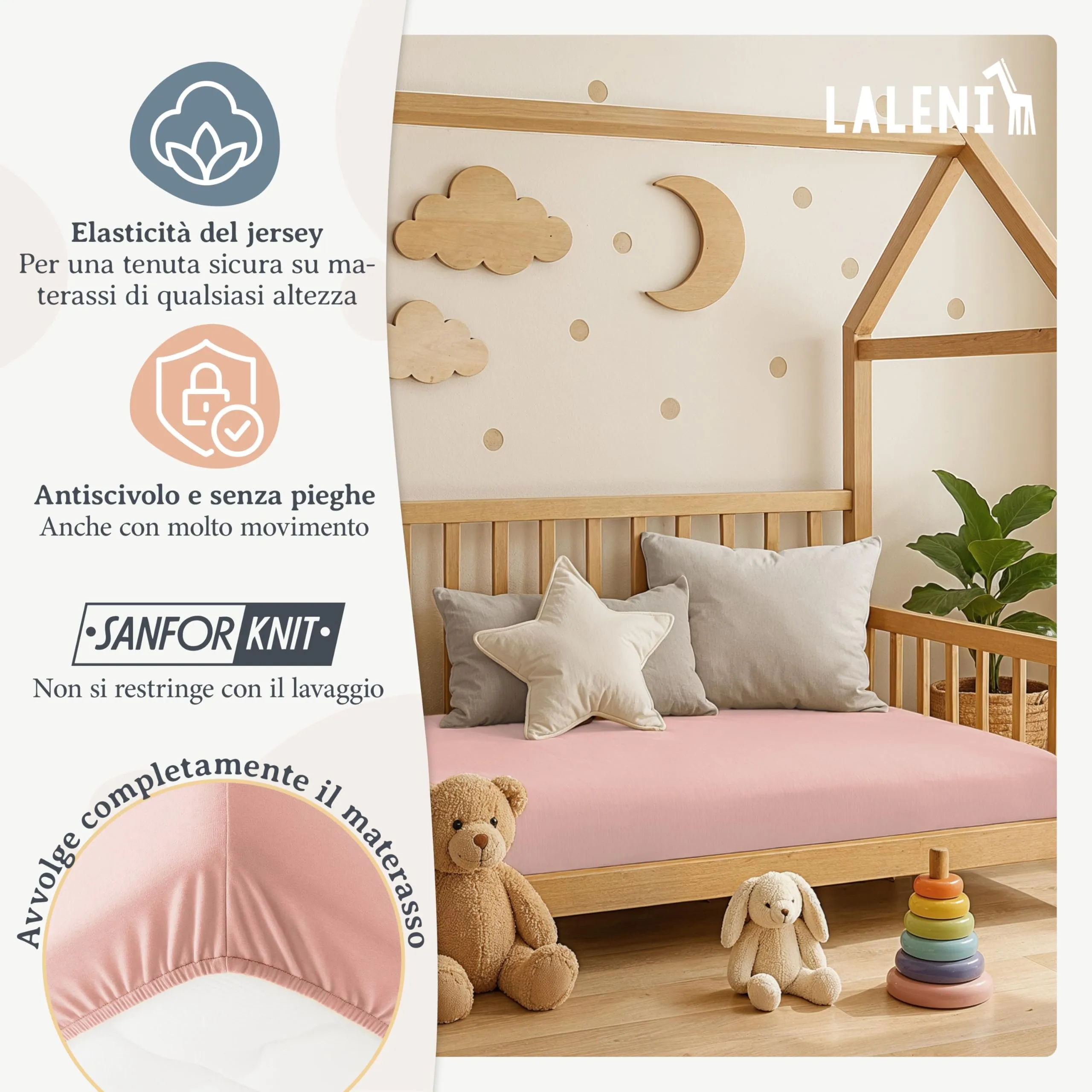 Laleni Lenzuola Coprimaterasso per Lettino e Culla, 100% Cotone, 60x120cm, Rosa - immagine 4