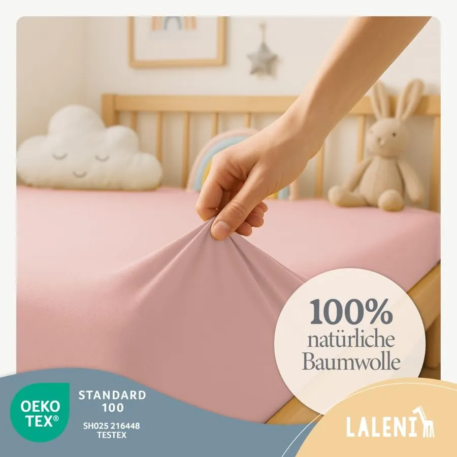 Laleni Lenzuola e Coprimaterasso per Culla e Lettino in Cotone 135gsm, Rosa, 28x73cm - 30x76cm - immagine 3