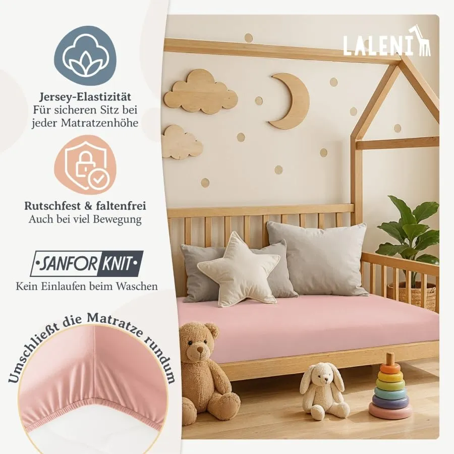 Laleni Lenzuola e Coprimaterasso per Culla e Lettino in Cotone 135gsm, Rosa, 28x73cm - 30x76cm - immagine 4