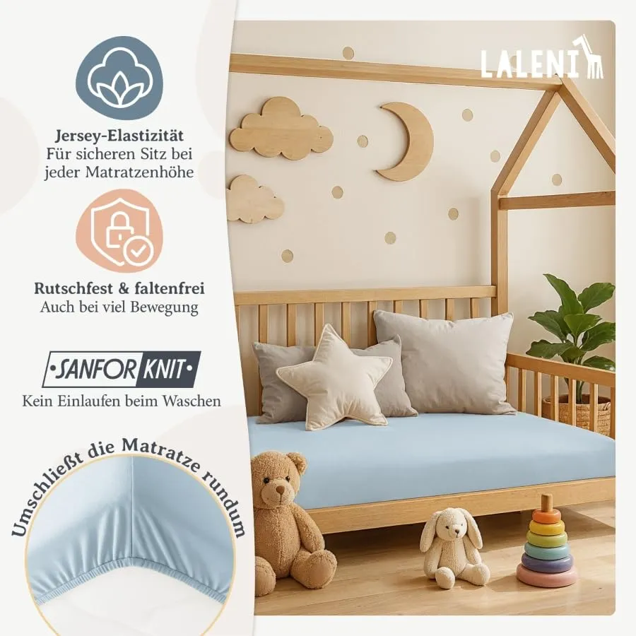 Laleni Lenzuola e Coprimaterasso per Culla e Lettino, 100% Cotone 135gsm, Azzurro, 28x73cm - 30x76cm - immagine 4