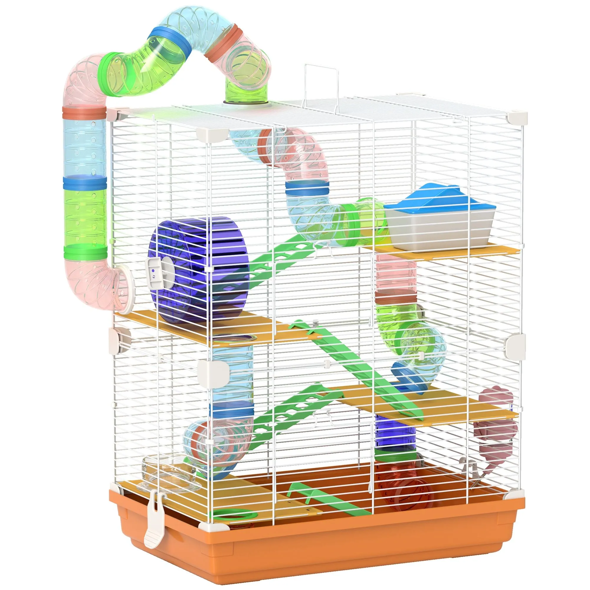 PawHut Gabbia per Criceti a 5 Livelli con Tubi e Ruota, 46x30x58 cm, Arancione - immagine 1