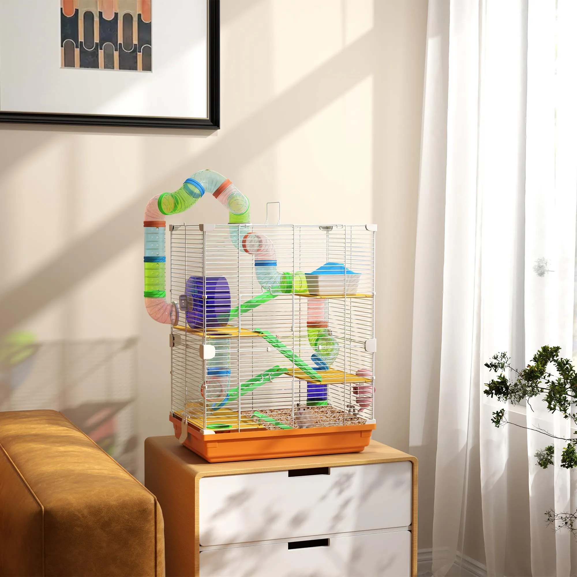 PawHut Gabbia per Criceti a 5 Livelli con Tubi e Ruota, 46x30x58 cm, Arancione - immagine 2