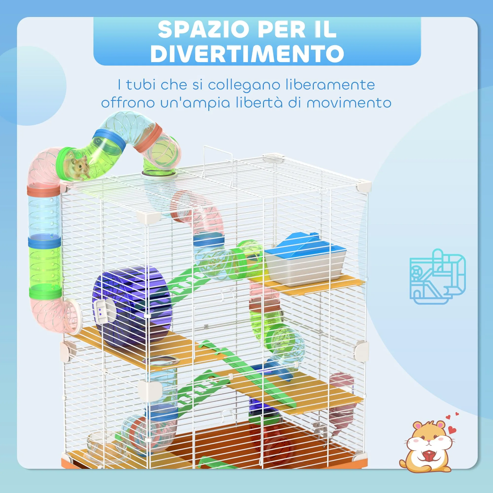 PawHut Gabbia per Criceti a 5 Livelli con Tubi e Ruota, 46x30x58 cm, Arancione - immagine 3