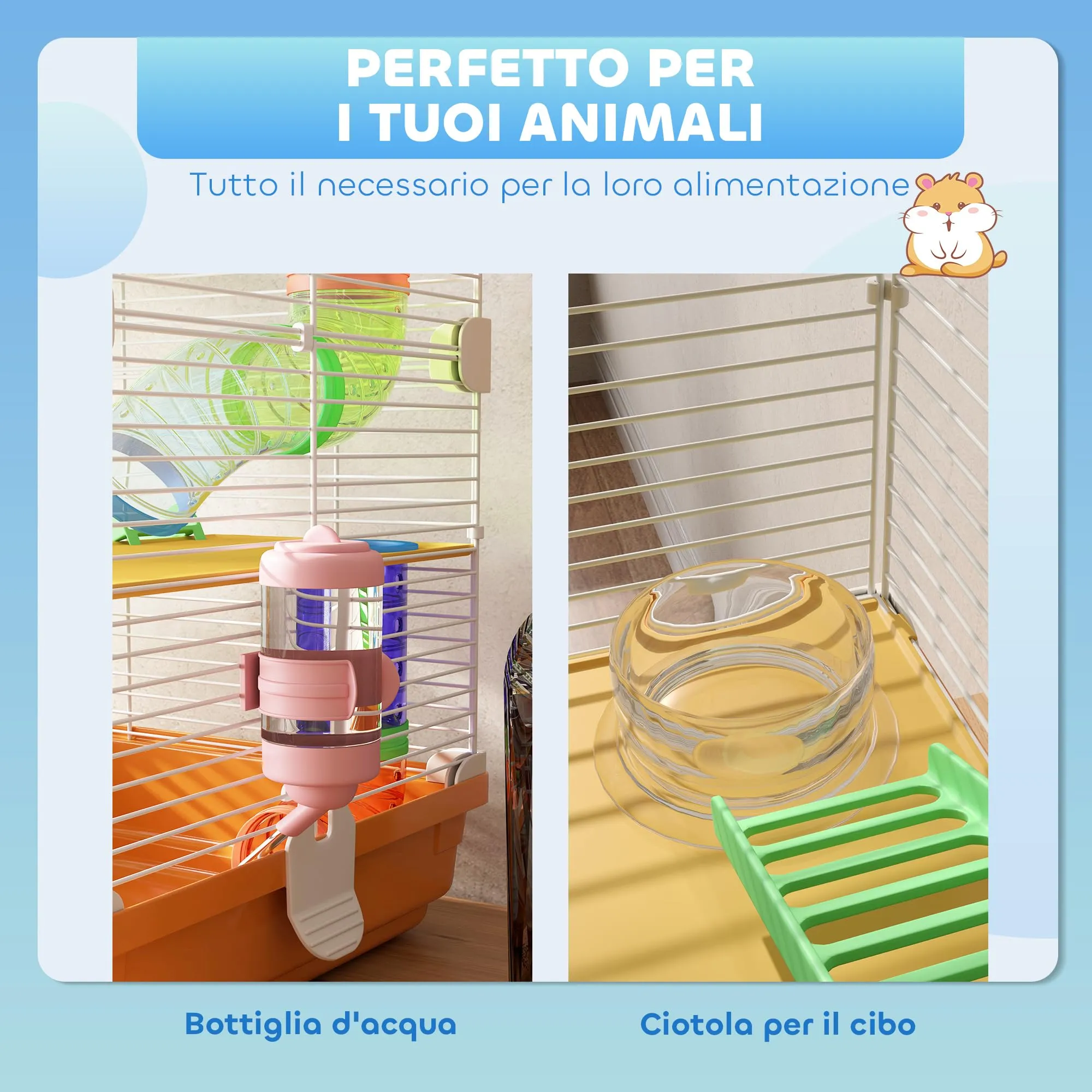 PawHut Gabbia per Criceti a 5 Livelli con Tubi e Ruota, 46x30x58 cm, Arancione - immagine 4