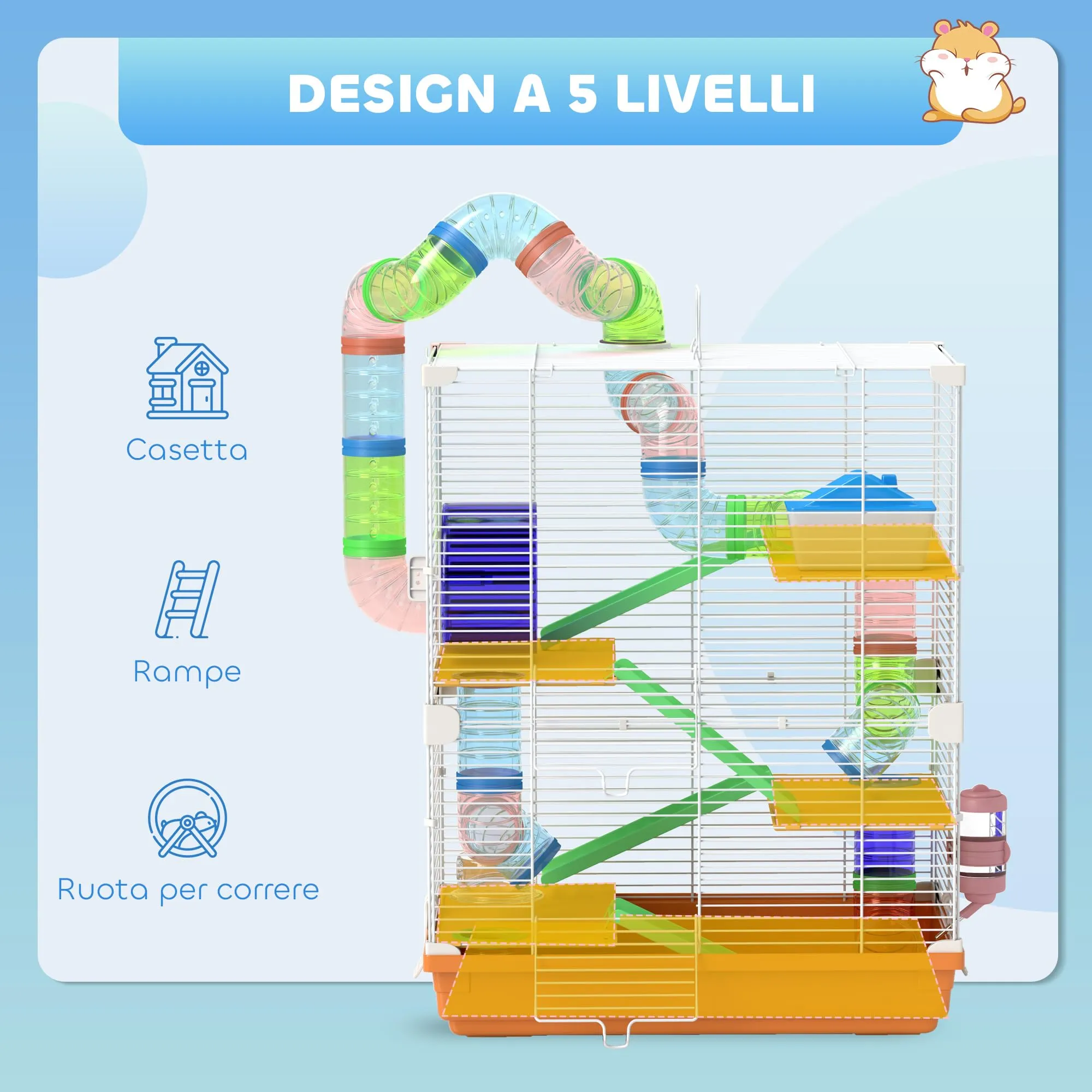 PawHut Gabbia per Criceti a 5 Livelli con Tubi e Ruota, 46x30x58 cm, Arancione - immagine 5