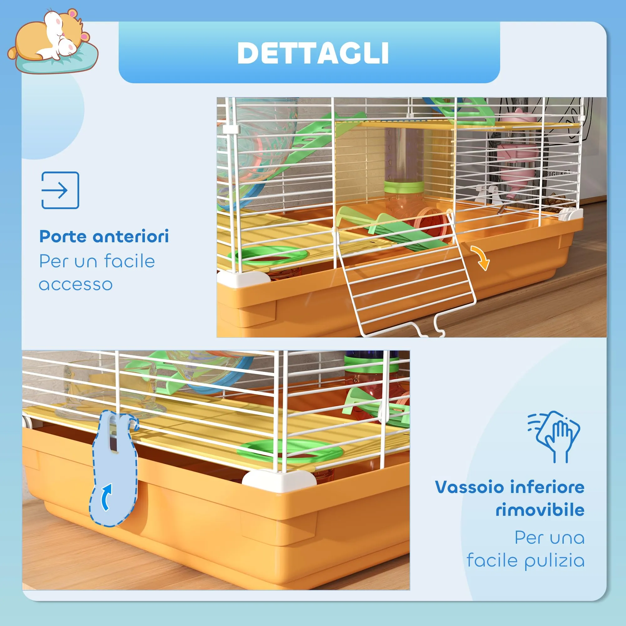PawHut Gabbia per Criceti a 5 Livelli con Tubi e Ruota, 46x30x58 cm, Arancione - immagine 6
