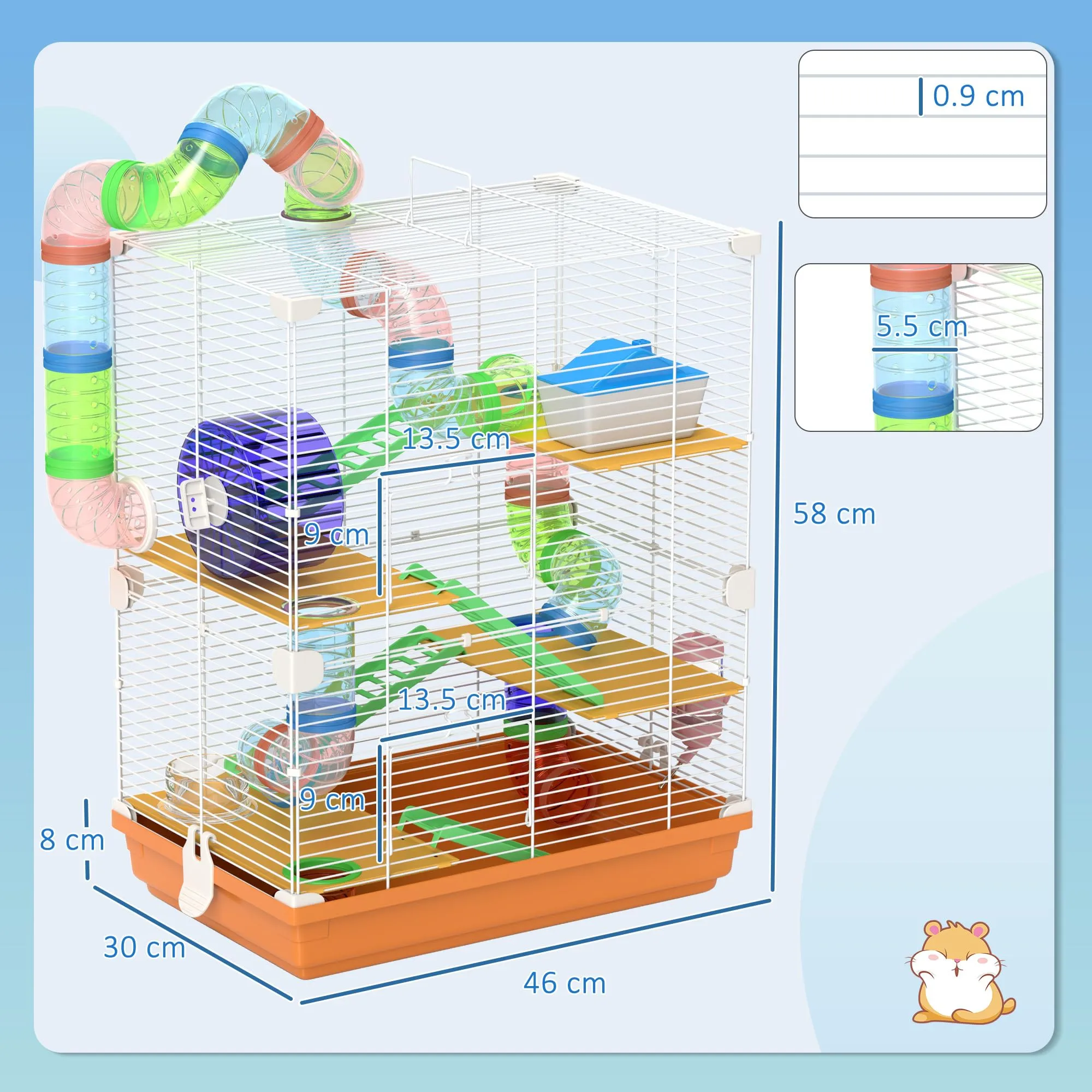 PawHut Gabbia per Criceti a 5 Livelli con Tubi e Ruota, 46x30x58 cm, Arancione - immagine 7