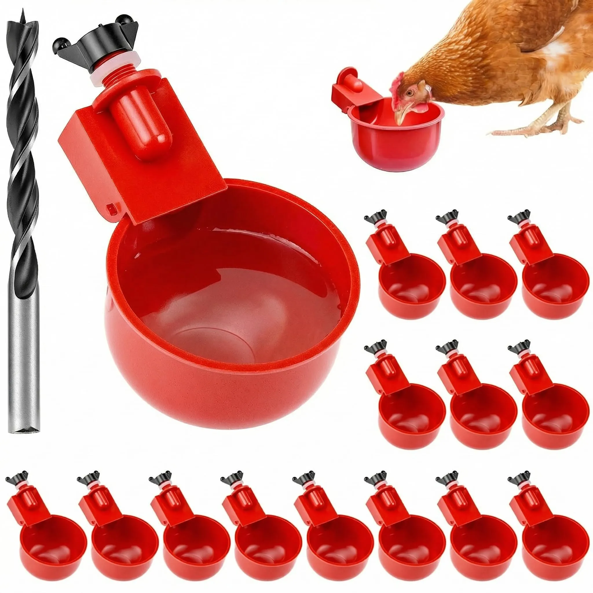 QWORK Beverini Automatici per Pollame, 16 Pezzi con Trapano Speciale, Plastica e Acciaio Inox - immagine 1