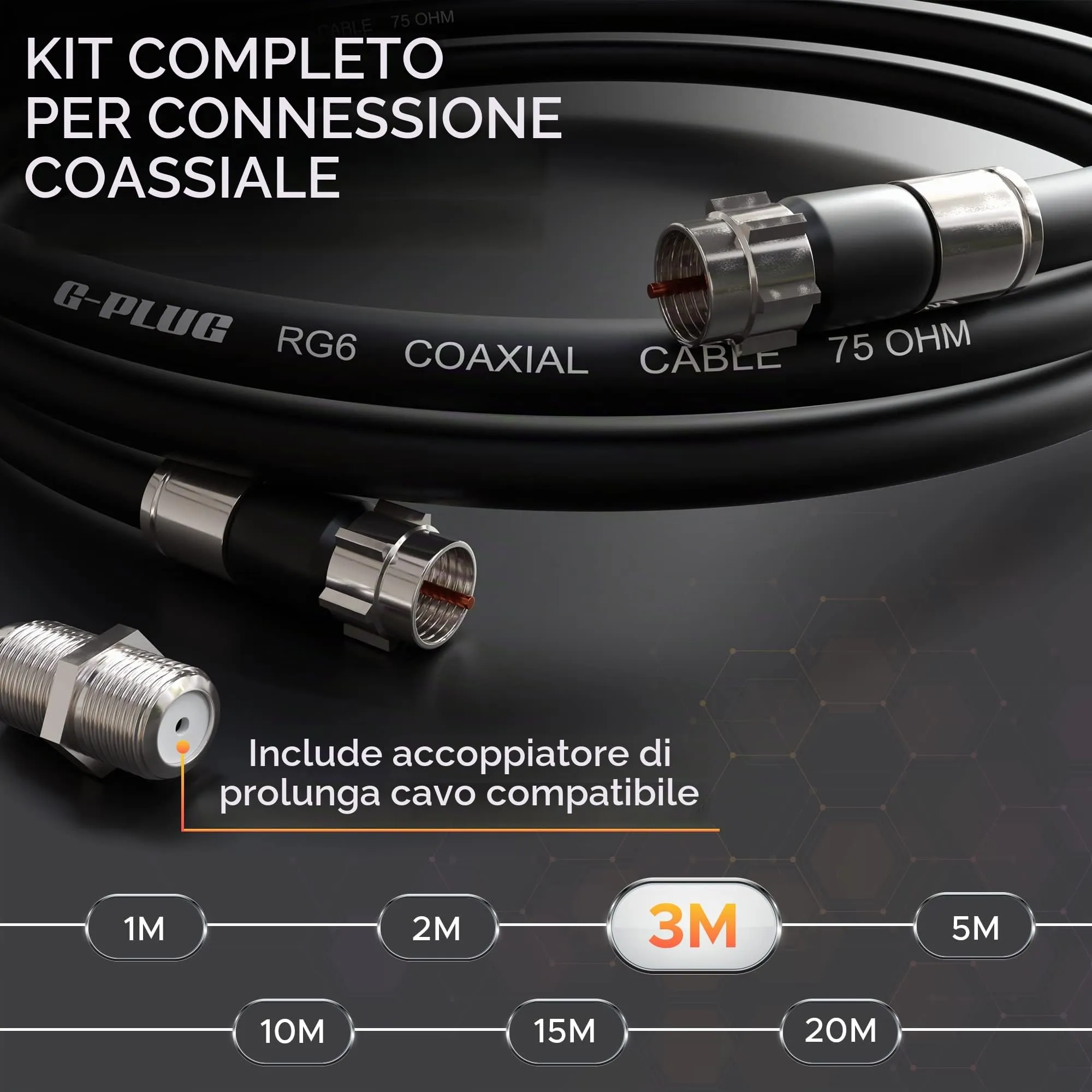 G-PLUG Cavo Coassiale RG6 3m per Antenna TV e Satellitare con Connettori F - immagine 2