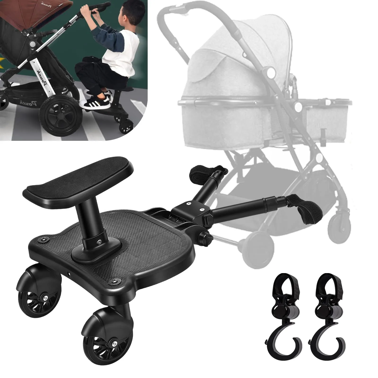 Vihir Pedana Universale per Passeggino con Sellino e Due Ganci, Buggy Board per Bambini 2-6 anni (25 kg), Nero - immagine 1