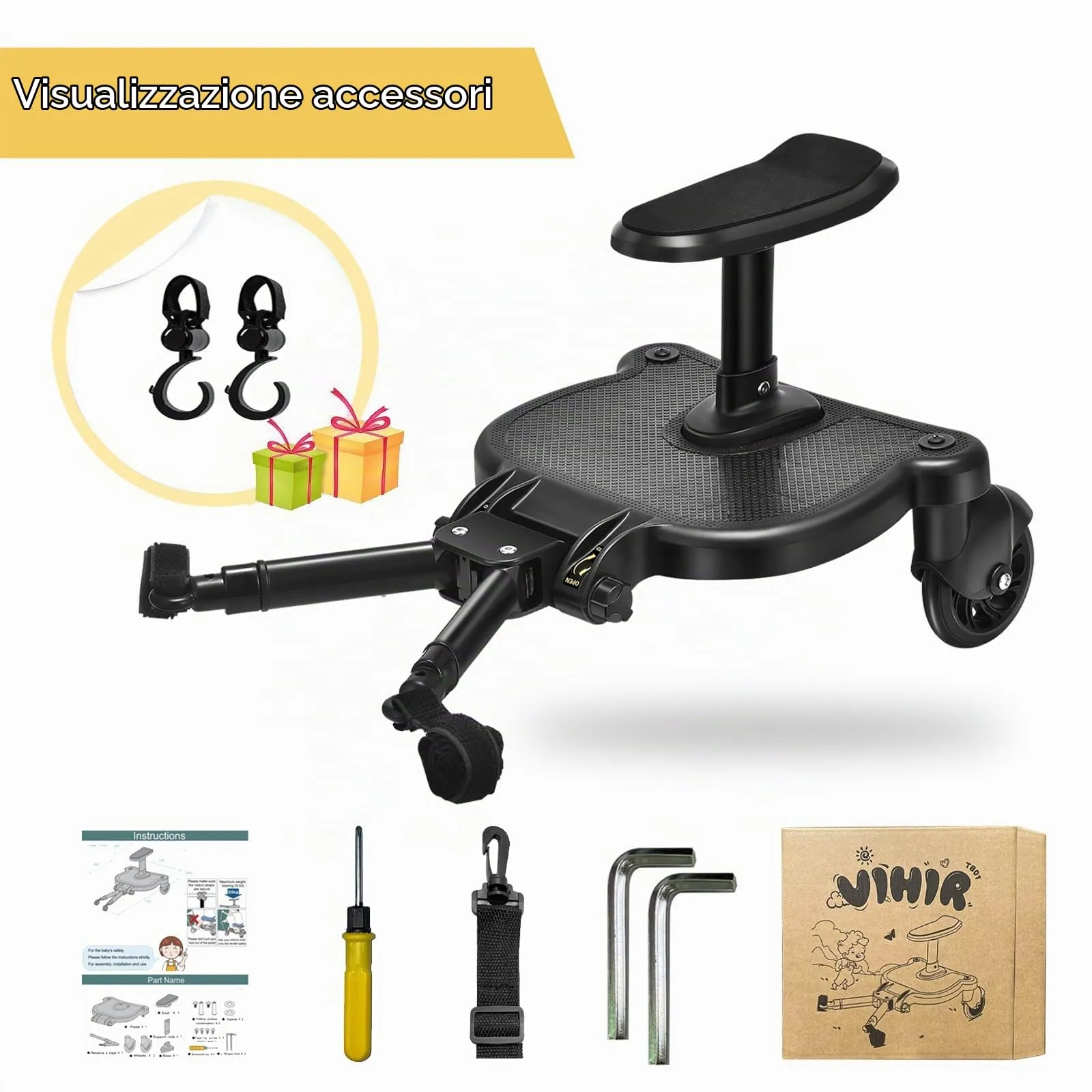 Vihir Pedana Universale per Passeggino con Sellino e Due Ganci, Buggy Board per Bambini 2-6 anni (25 kg), Nero - immagine 3