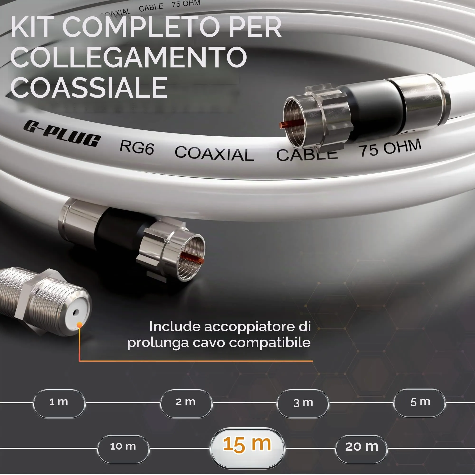 G-PLUG 15m Cavo Coassiale RG6 per Antenna TV e Satellitare con Connettori F - immagine 2