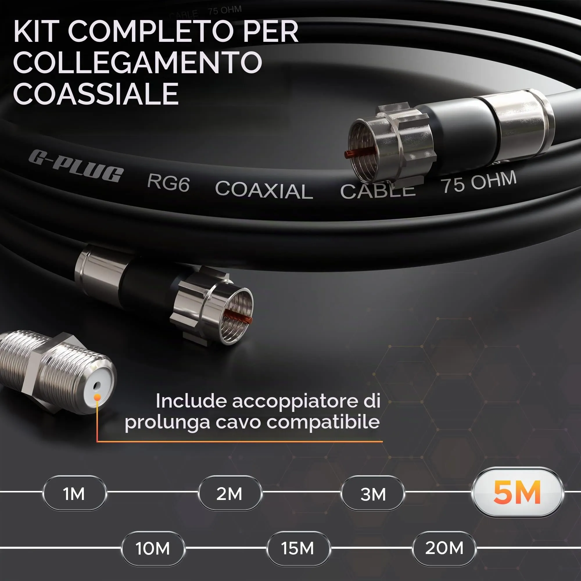G-PLUG Cavo Coassiale RG6 5m per Antenna TV e Satellitare con Connettori F - immagine 2
