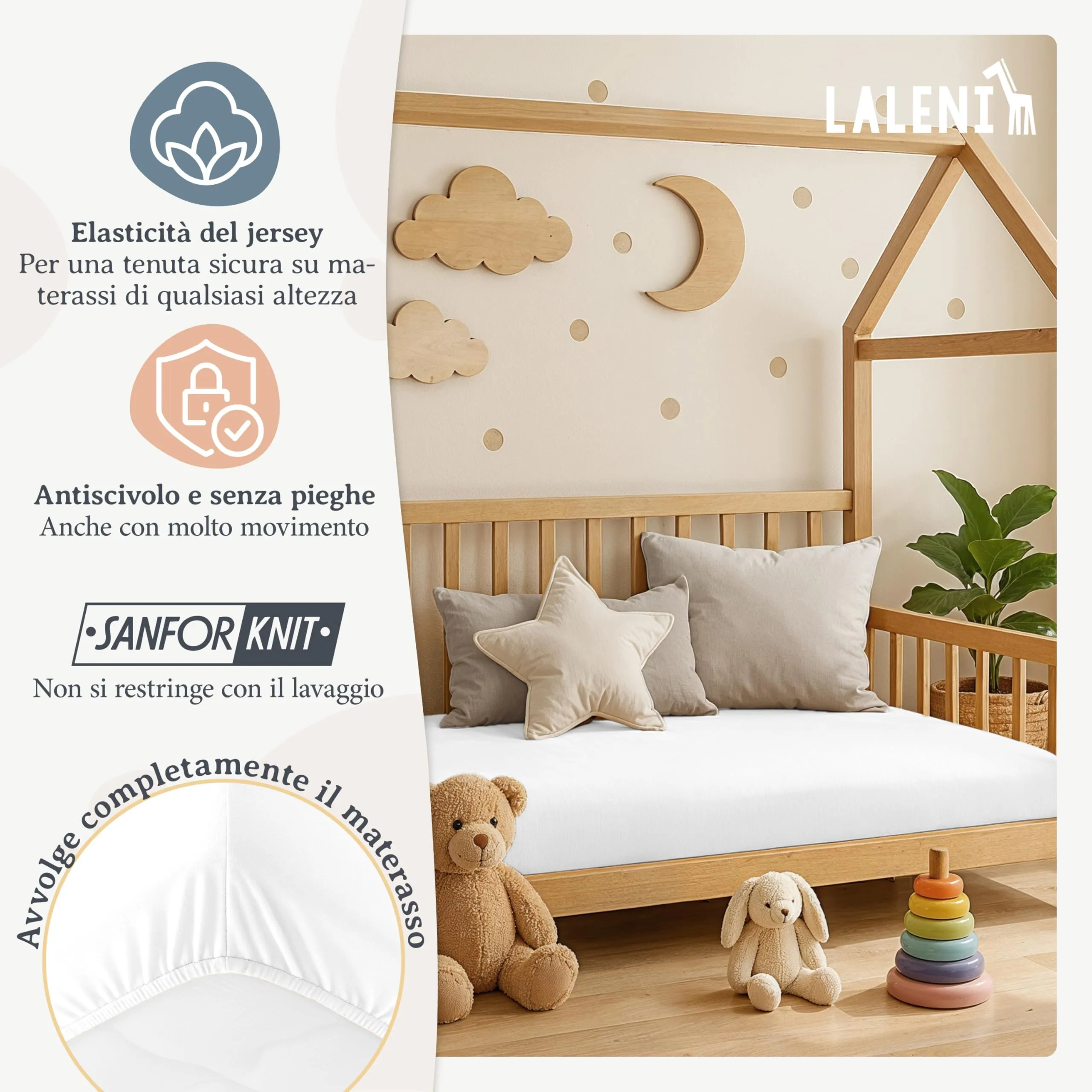 Laleni Lenzuola e Coprimaterasso per Culla e Lettino, 100% Cotone 135gsm, Bianco, 55x90cm - immagine 4