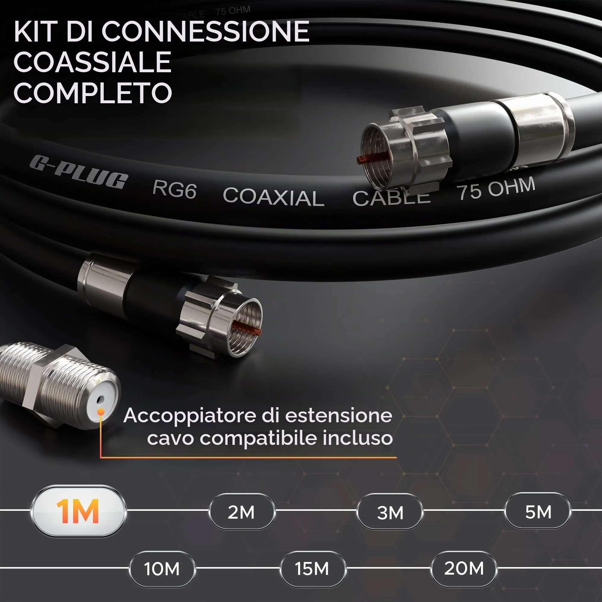 G-PLUG Cavo Coassiale RG6 1m per Antenna TV e Satellitare con Connettori F - immagine 2