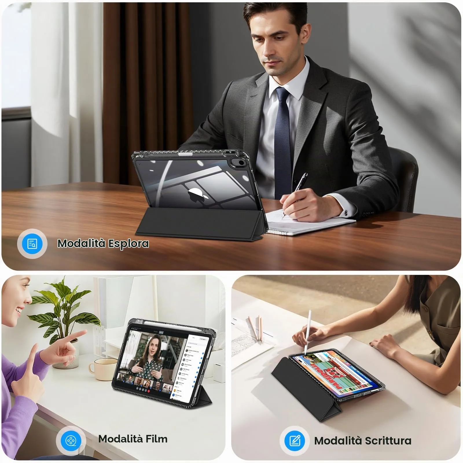 FINTIE Custodia Ibrida per iPad Air 11" (2024) M2, iPad Air 6a/5a/4a Generazione, Cover Posteriore Trasparente Antiurto con Portapenne e Wake/Sleep Automatico - immagine 3