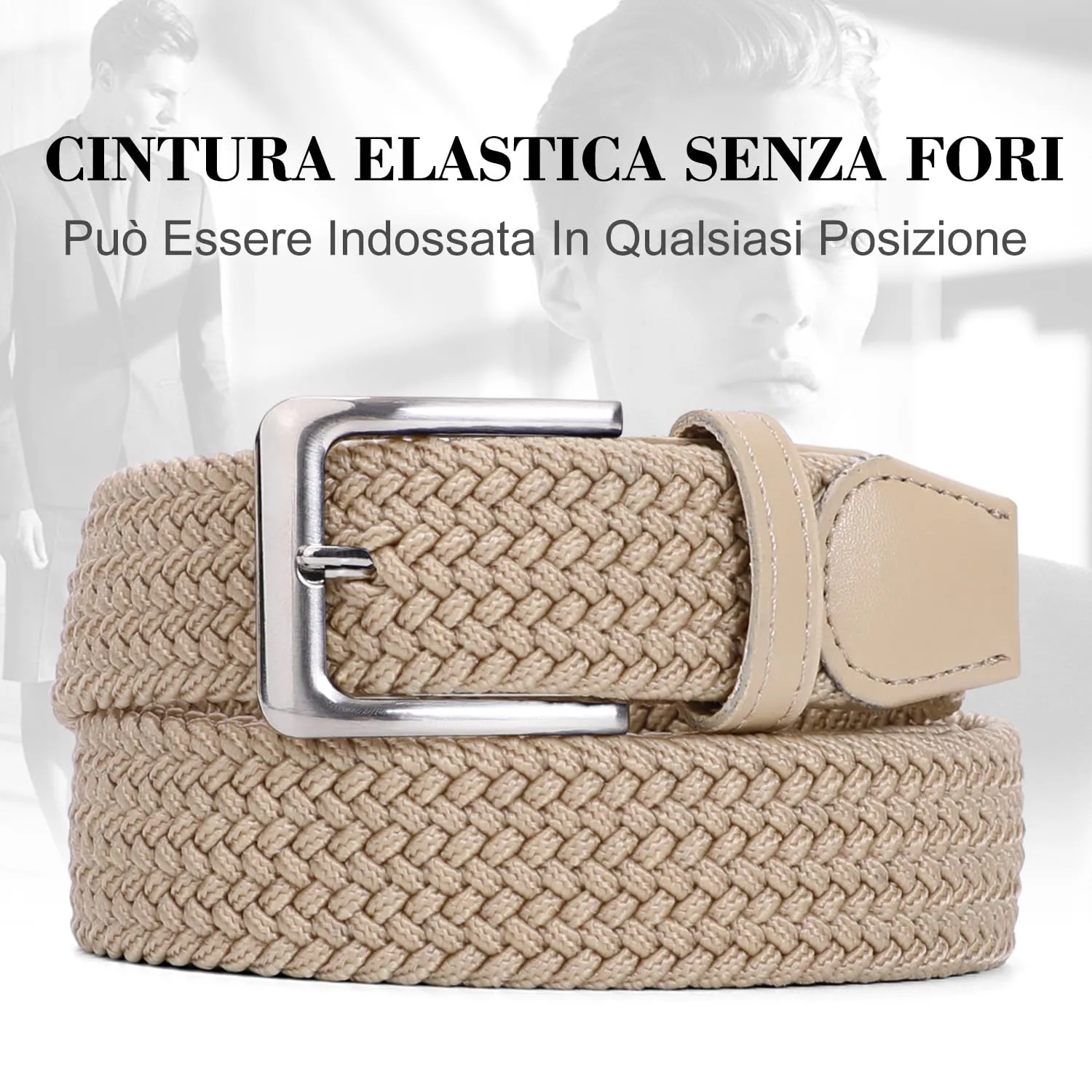 VONMELLI Cintura Elastica Intrecciata Uomo Beige XL - immagine 5