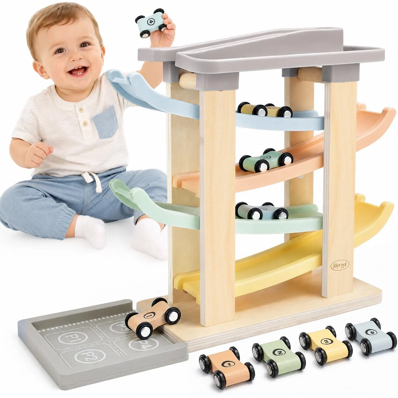 Joyreal Piste Macchinine in Legno Montessori con 4 Mini Auto e Garage - immagine 1