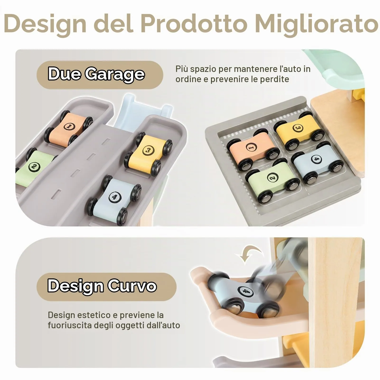 Joyreal Piste Macchinine in Legno Montessori con 4 Mini Auto e Garage - immagine 3