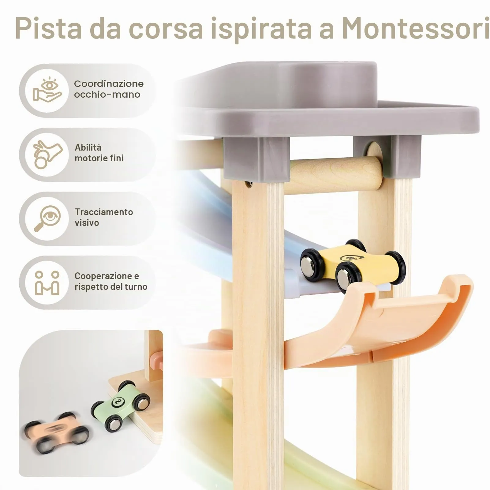 Joyreal Piste Macchinine in Legno Montessori con 4 Mini Auto e Garage - immagine 5