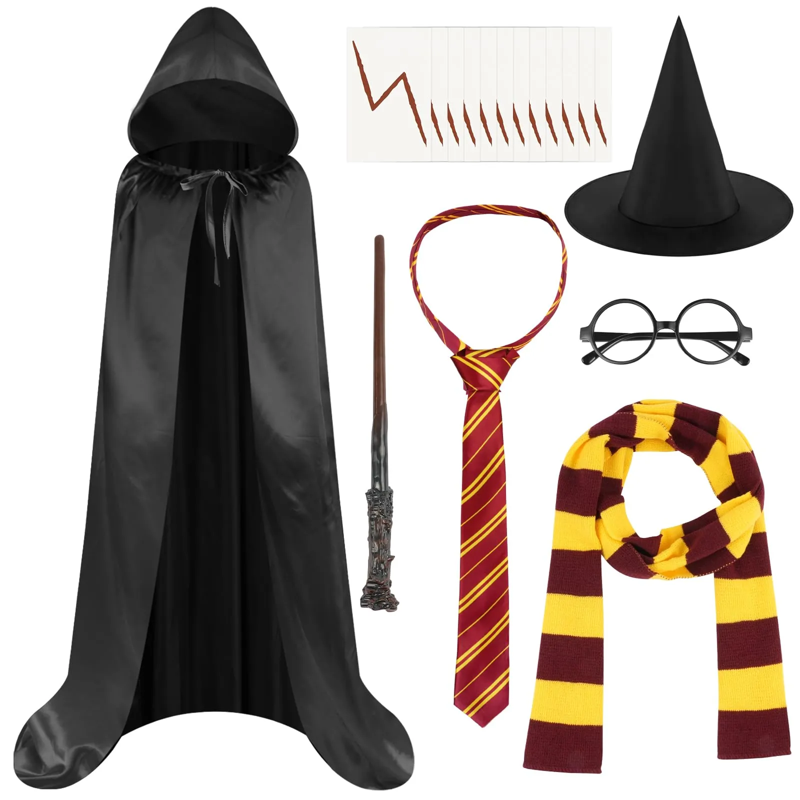 AUYAO Costume da Mago Set di 7 Pezzi con Mantello, Cappello, Occhiali, Sciarpa, Cravatta e Bacchetta Magica per Bambini e Adulti - immagine 1
