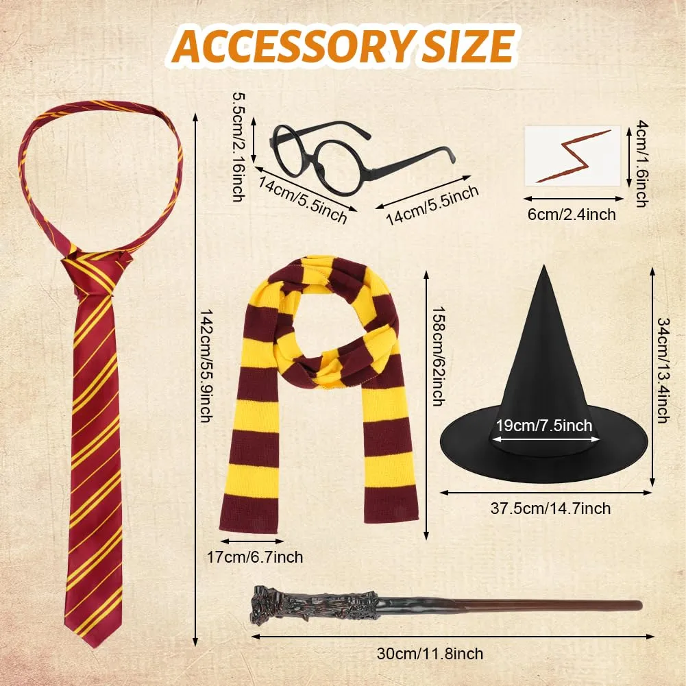 AUYAO Costume da Mago Set di 7 Pezzi con Mantello, Cappello, Occhiali, Sciarpa, Cravatta e Bacchetta Magica per Bambini e Adulti - immagine 4
