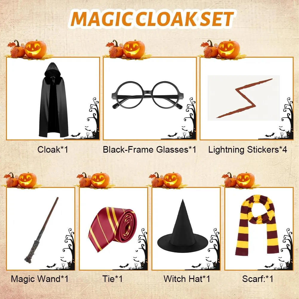 AUYAO Costume da Mago Set di 7 Pezzi con Mantello, Cappello, Occhiali, Sciarpa, Cravatta e Bacchetta Magica per Bambini e Adulti - immagine 5