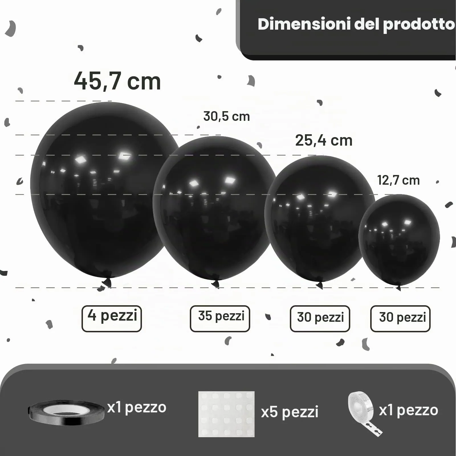 Ousuga Palloncini Neri, 106 Pezzi (5, 10, 12, 18 pollici) con Nastro e Accessori per Decorazioni Festa - immagine 2