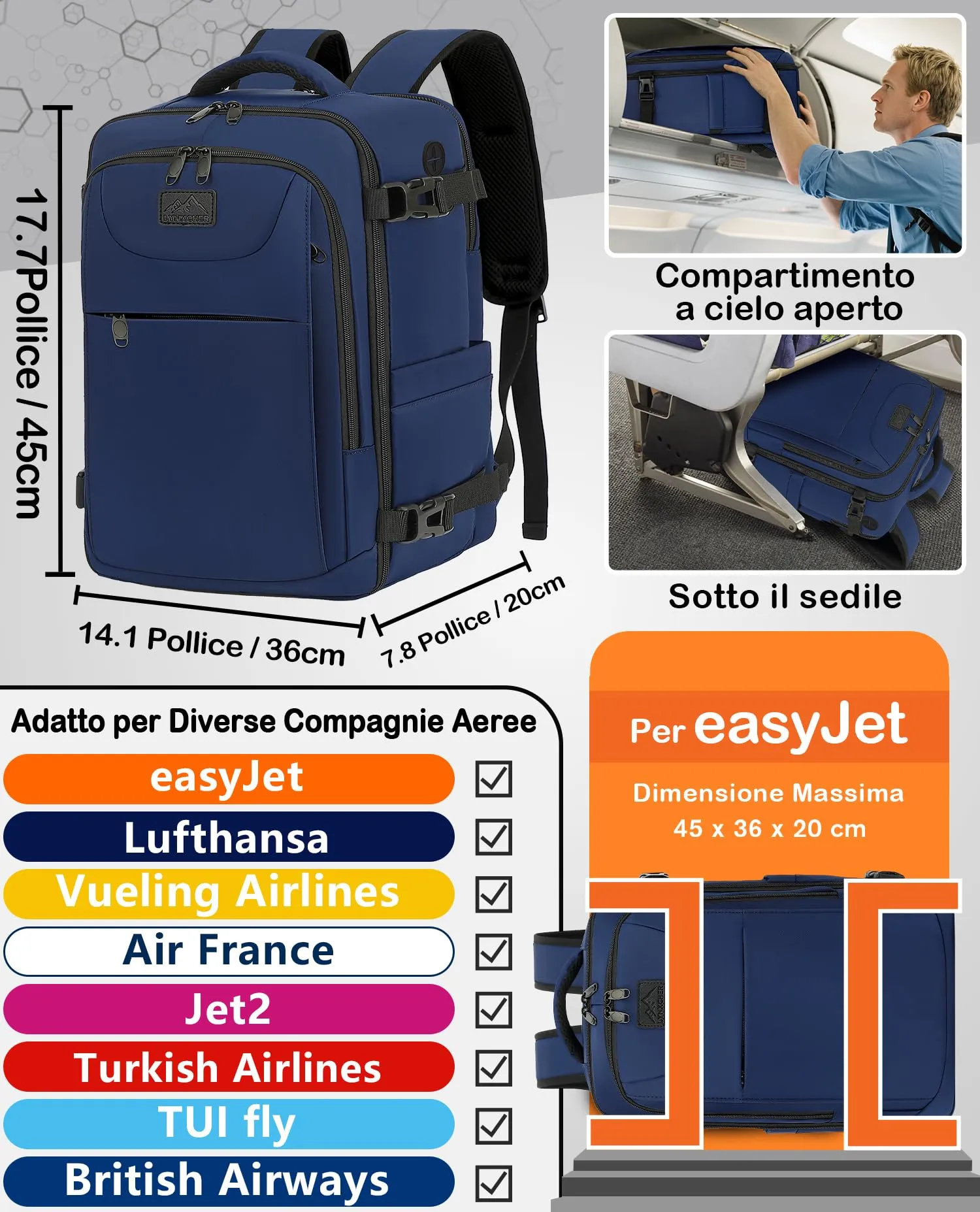 LYNXCHER Zaino da Viaggio Easyjet 45x36x20, Bagaglio a Mano 30L con Porta PC 15.6 Pollici - Blu Scuro - immagine 2