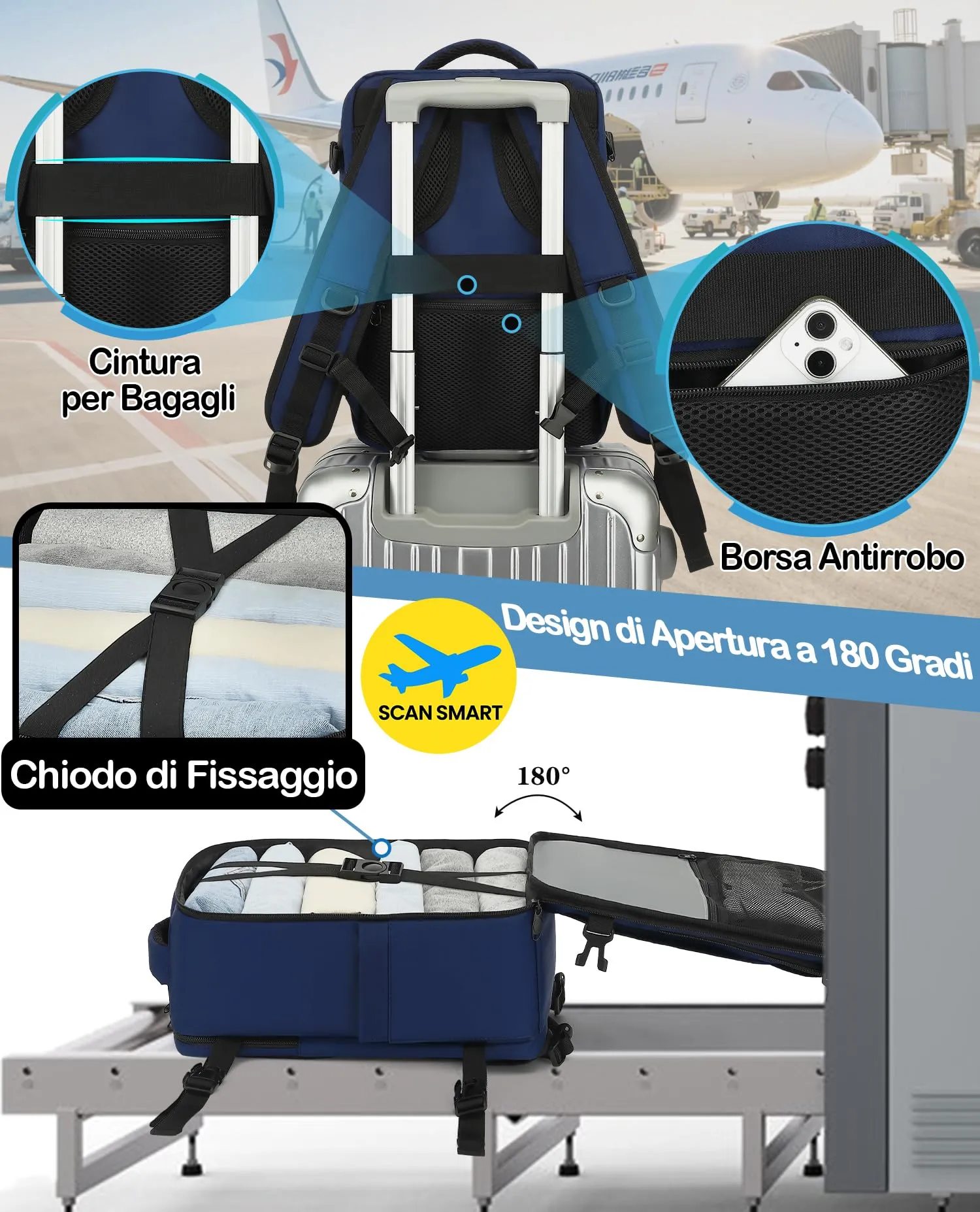 LYNXCHER Zaino da Viaggio Easyjet 45x36x20, Bagaglio a Mano 30L con Porta PC 15.6 Pollici - Blu Scuro - immagine 3