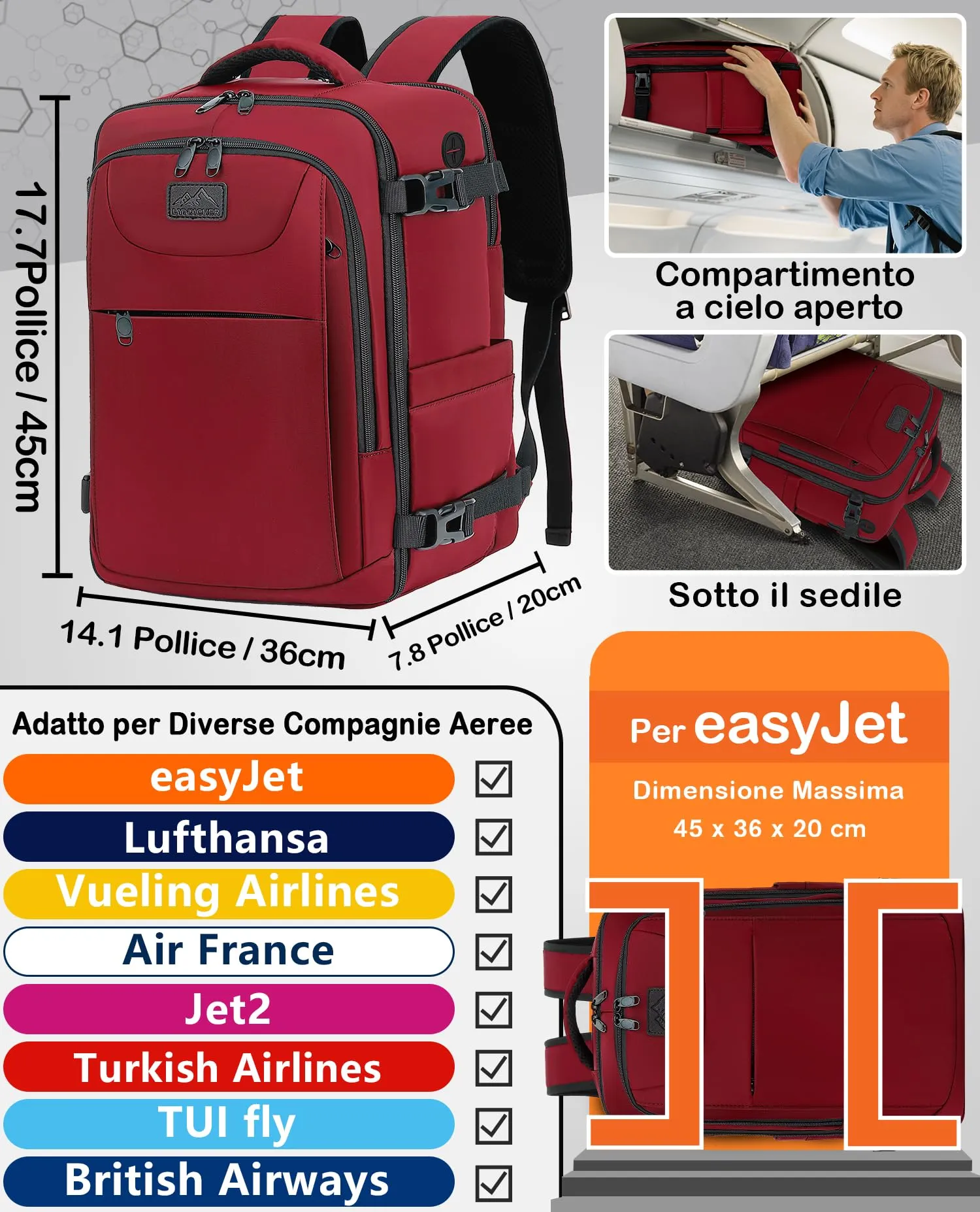 LYNXCHER Zaino da Viaggio 45x36x20 cm 30L per Bagaglio a Mano, Porta PC 15.6 Pollici, Rosso Scuro - immagine 2
