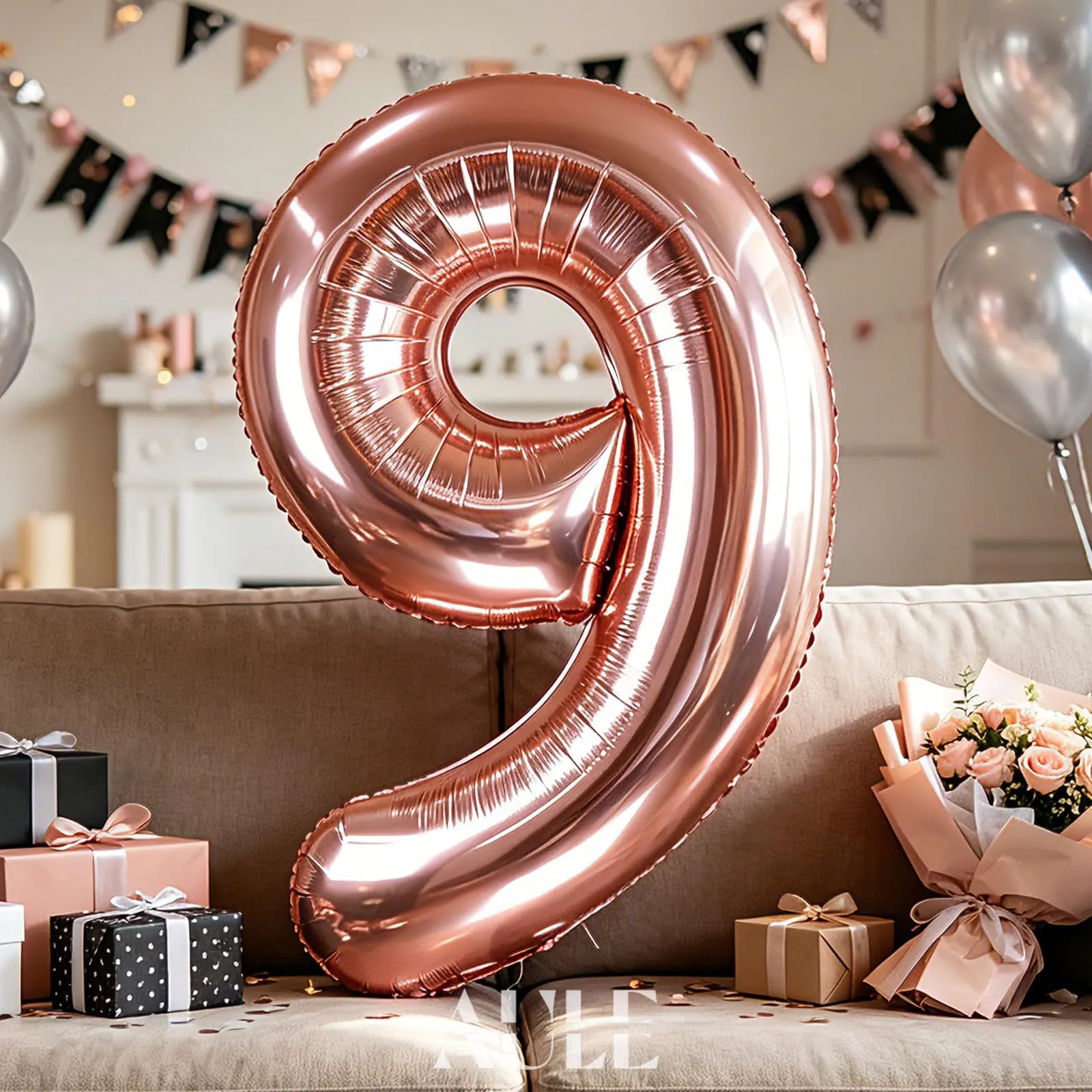 AULE Palloncino Numero 9 Rosa Gold, 101 cm, Mylar Foil - immagine 2