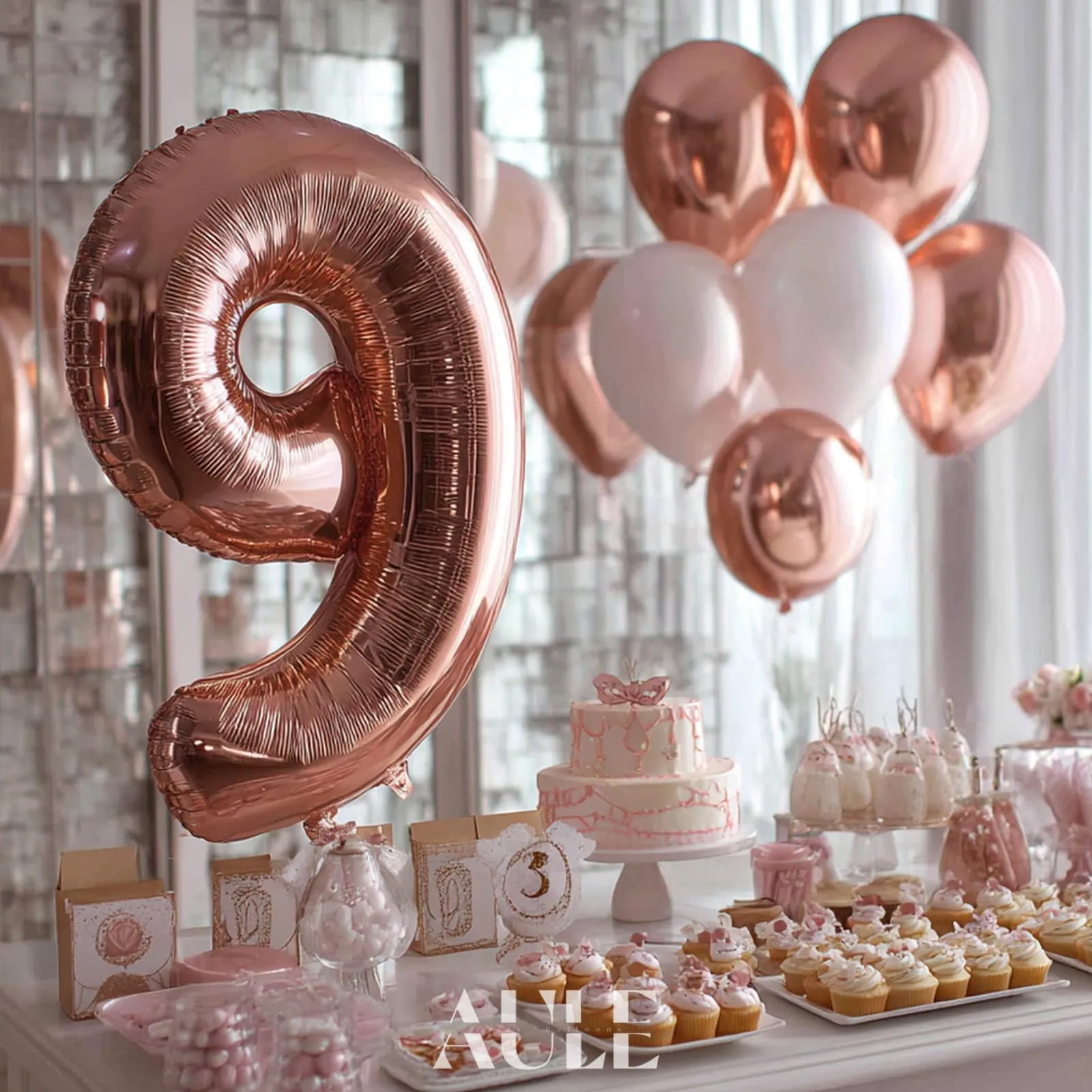 AULE Palloncino Numero 9 Rosa Gold, 101 cm, Mylar Foil - immagine 4