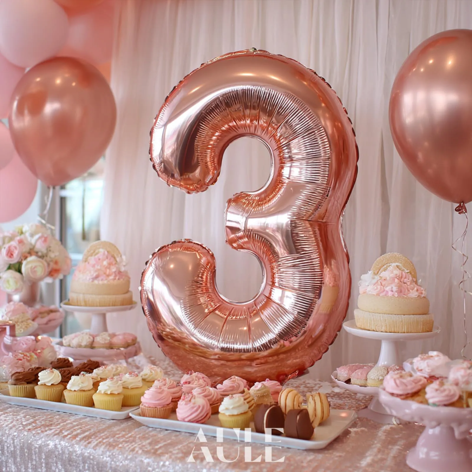 AULE Palloncino Numero 3 Rosa Gold 101 cm Mylar Foil - immagine 4
