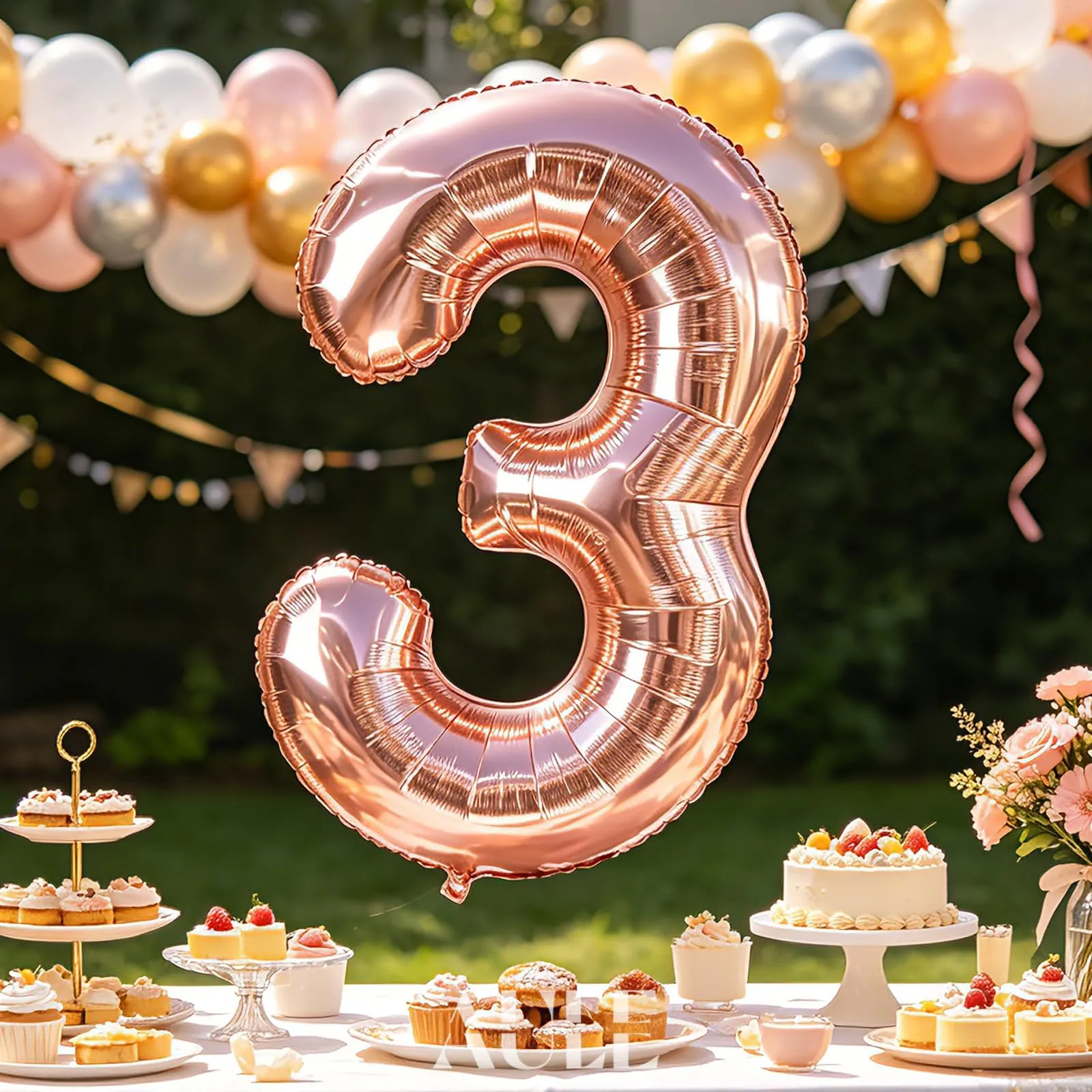 AULE Palloncino Numero 3 Rosa Gold 101 cm Mylar Foil - immagine 5