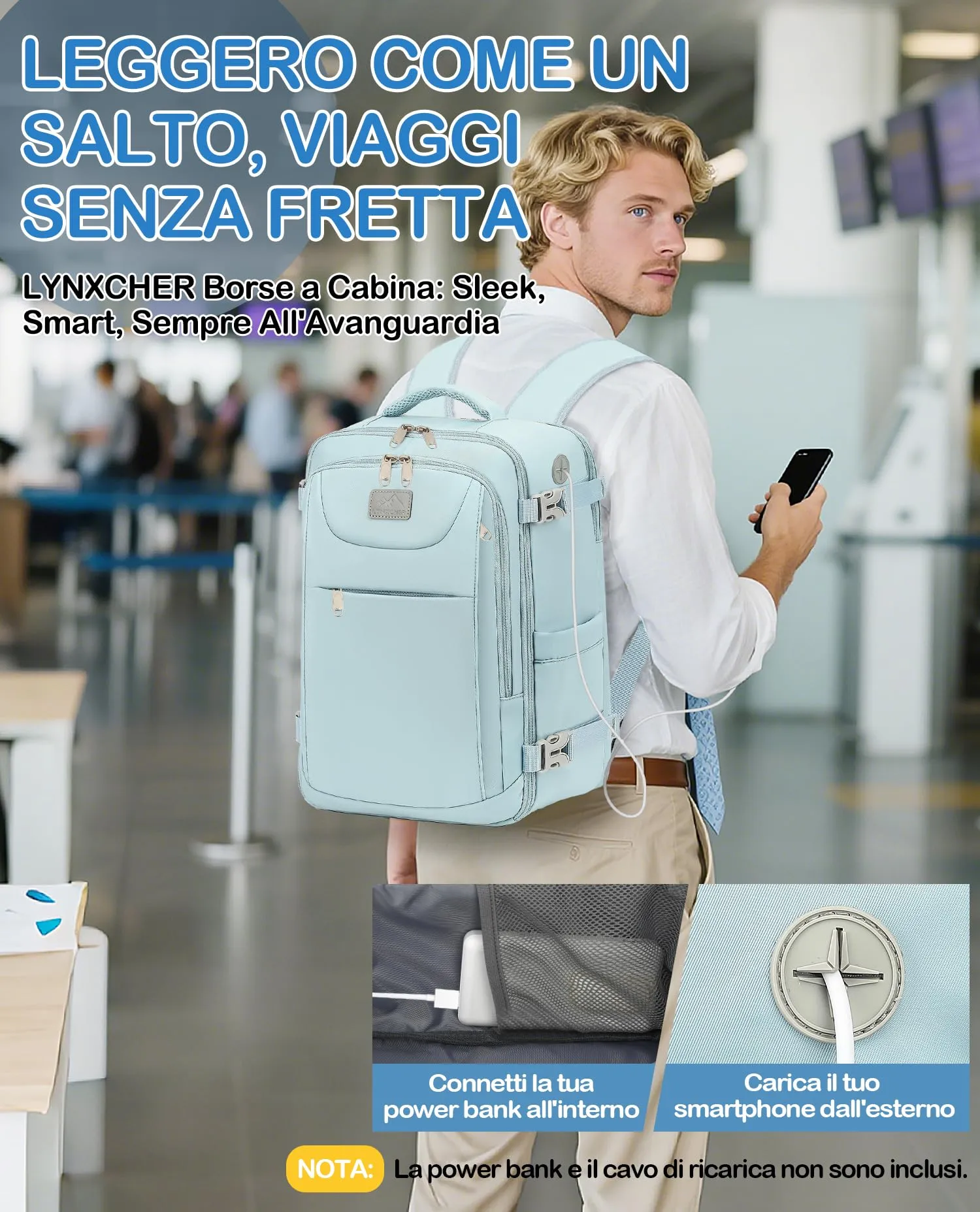 LYNXCHER Zaino da Viaggio Ryanair 40x20x25 cm 20L Porta PC 14 Pollici - Blu Chiaro - immagine 6