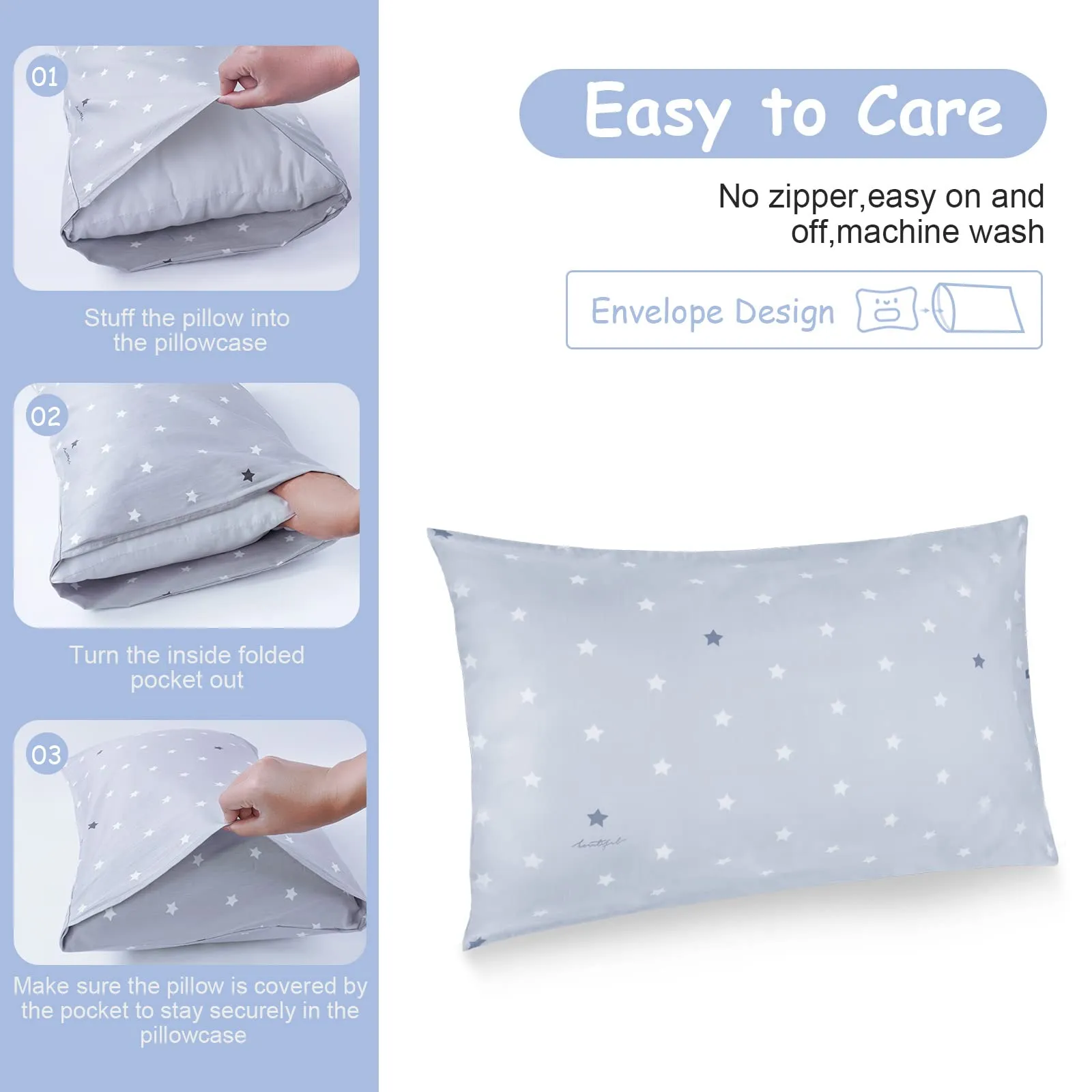 Vicloon Federe per Cuscini per Bambini, 2 Pezzi, 40x60 cm, Doppia Garza, Motivo a Stelle Grigie - immagine 3