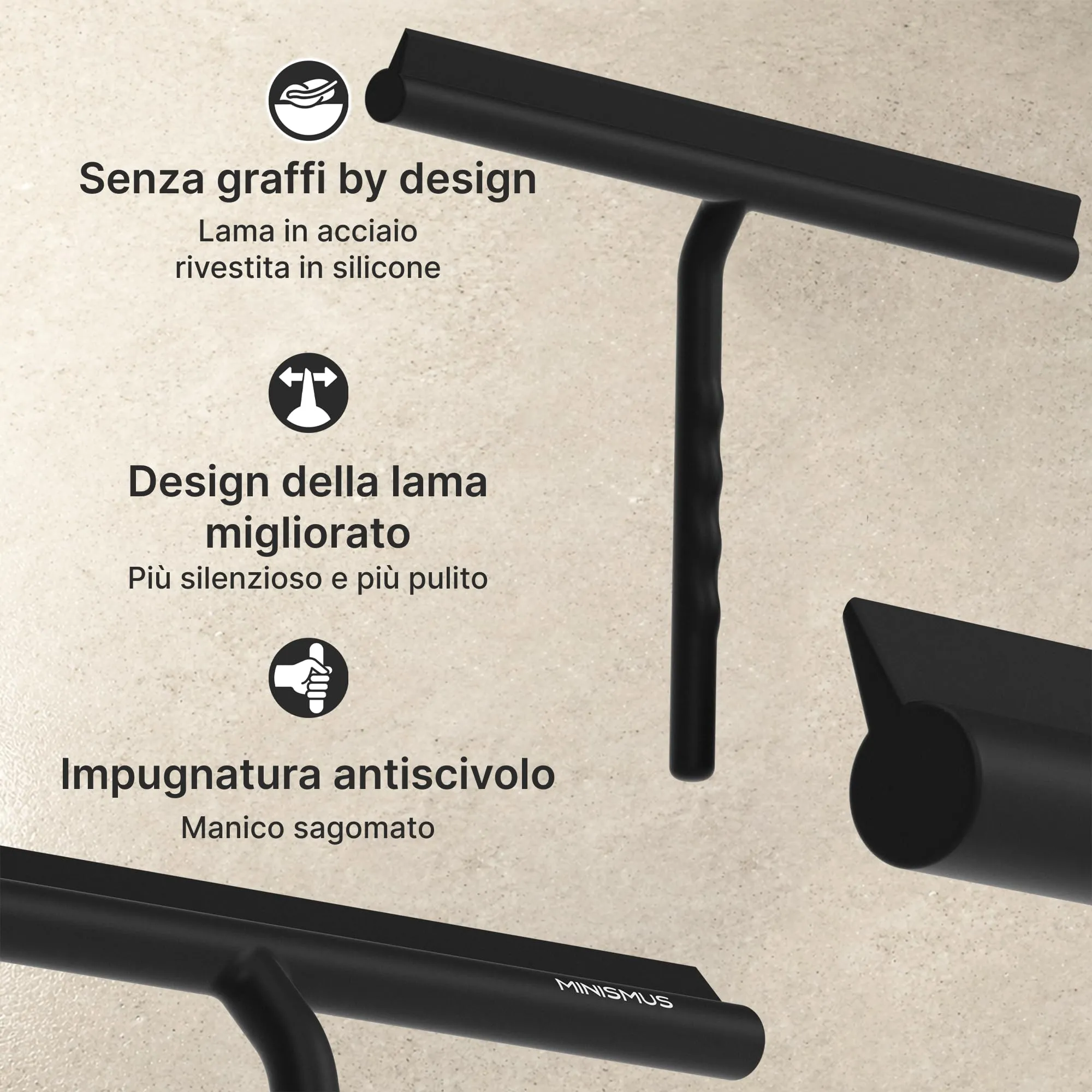 Minismus Tergivetro in Silicone per Doccia, Vetri e Specchi con Supporto, Nero, 33 cm - immagine 4