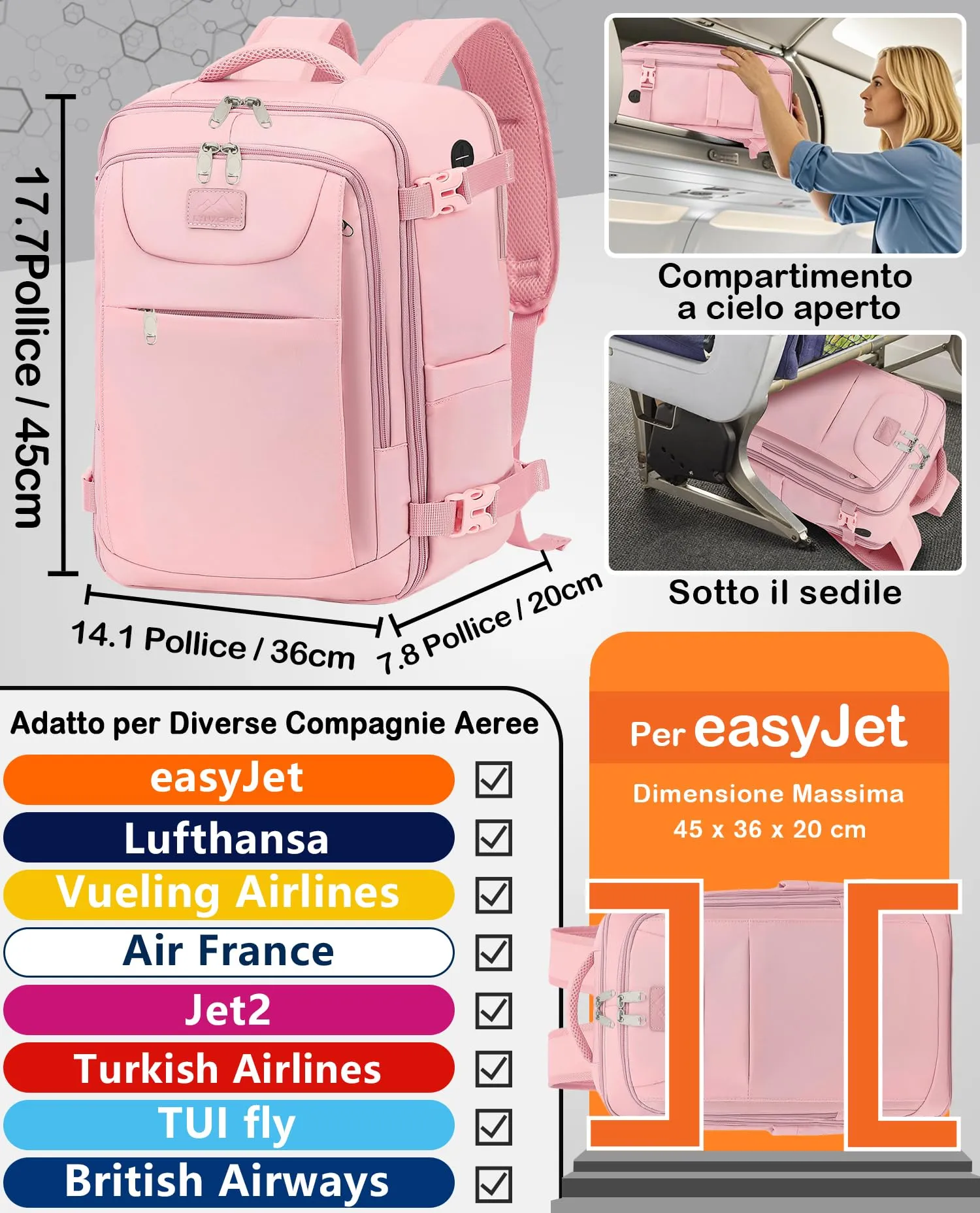 LYNXCHER Zaino da Viaggio 45x36x20 cm 30L per Bagaglio a Mano e Cabina, Porta PC 15.6 Pollici, Rosa - immagine 2