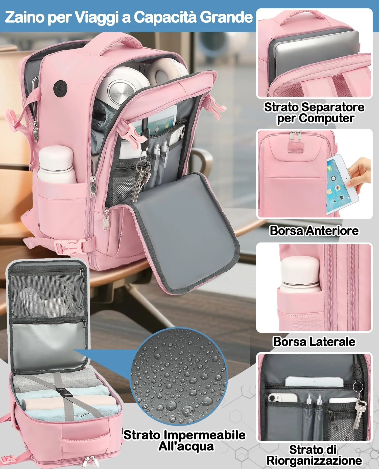 LYNXCHER Zaino da Viaggio 45x36x20 cm 30L per Bagaglio a Mano e Cabina, Porta PC 15.6 Pollici, Rosa - immagine 4