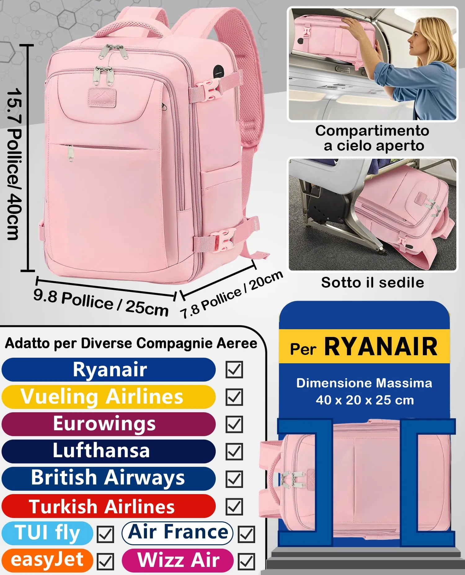 LYNXCHER Zaino da Viaggio Ryanair 40x20x25 cm 20L per PC 14 Pollici, Rosa - immagine 2