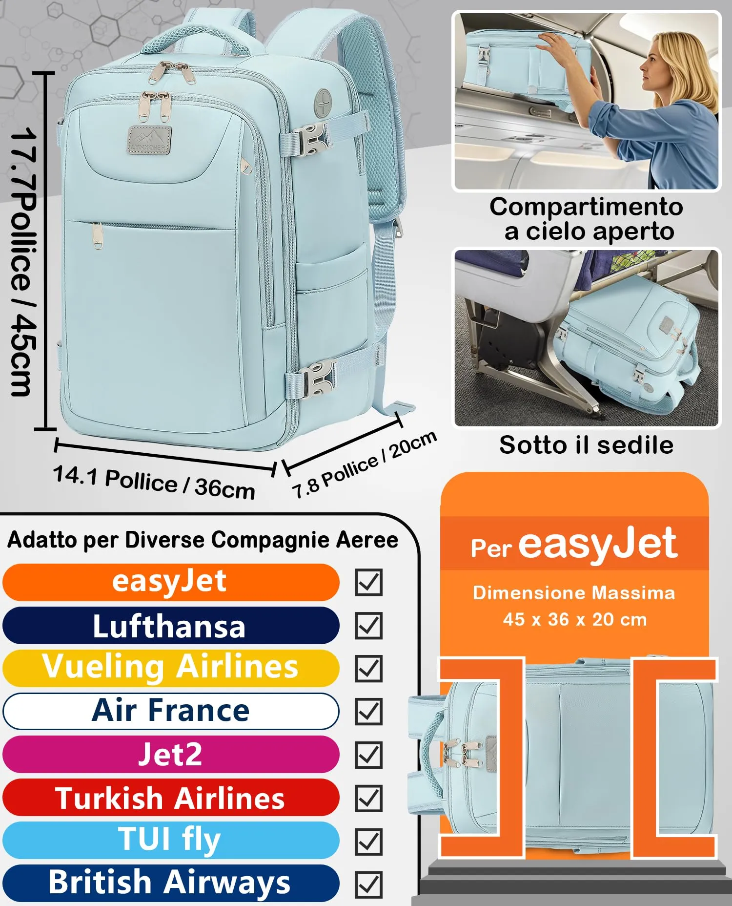 LYNXCHER Zaino da Viaggio 45x36x20 cm, Bagaglio a Mano 30L per Laptop 15.6 Pollici, Blu Chiaro - immagine 2