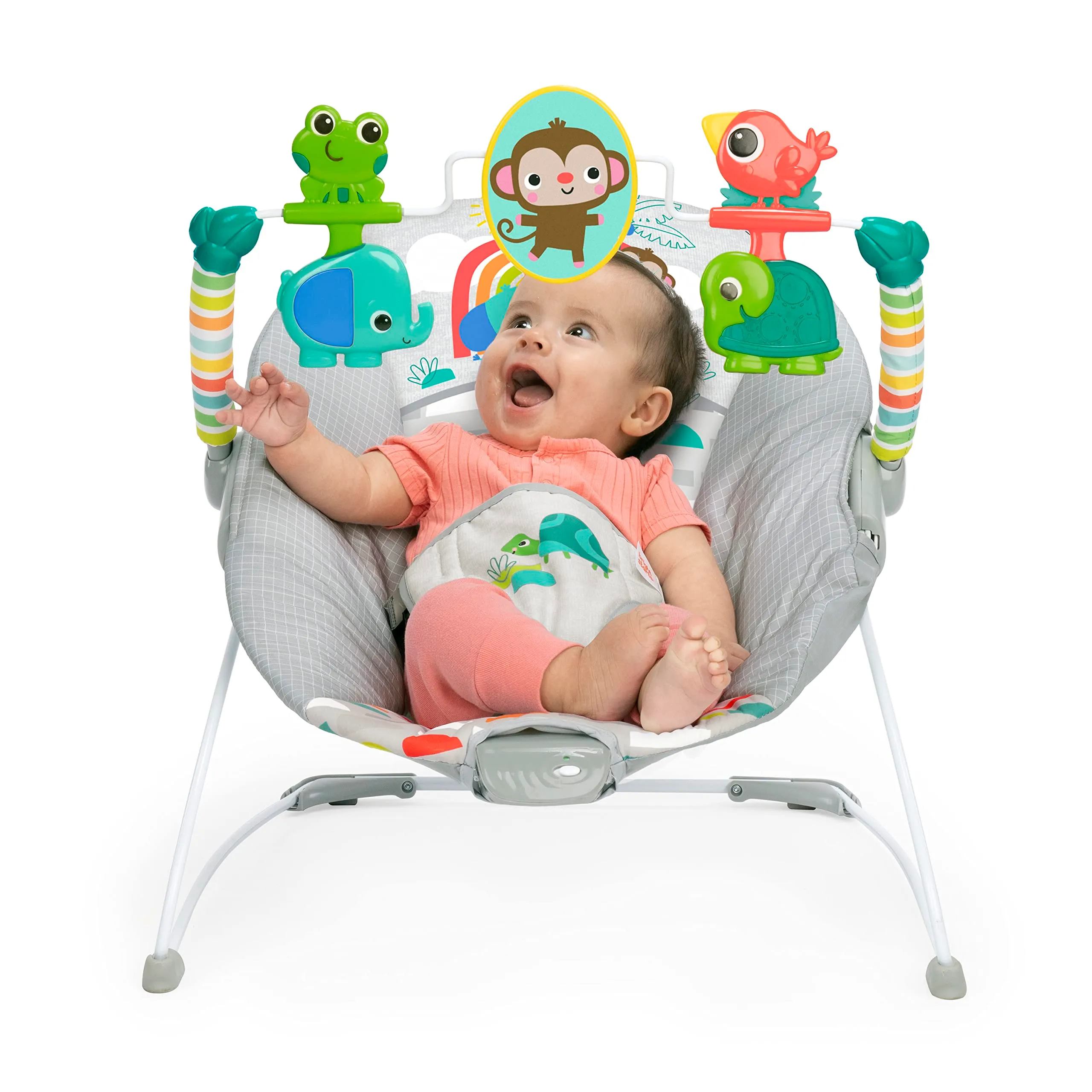 Bright Starts Comfy Baby Bouncer Seat with Vibration and Toys, Playful Paradise, 0-6 Months - immagine 2