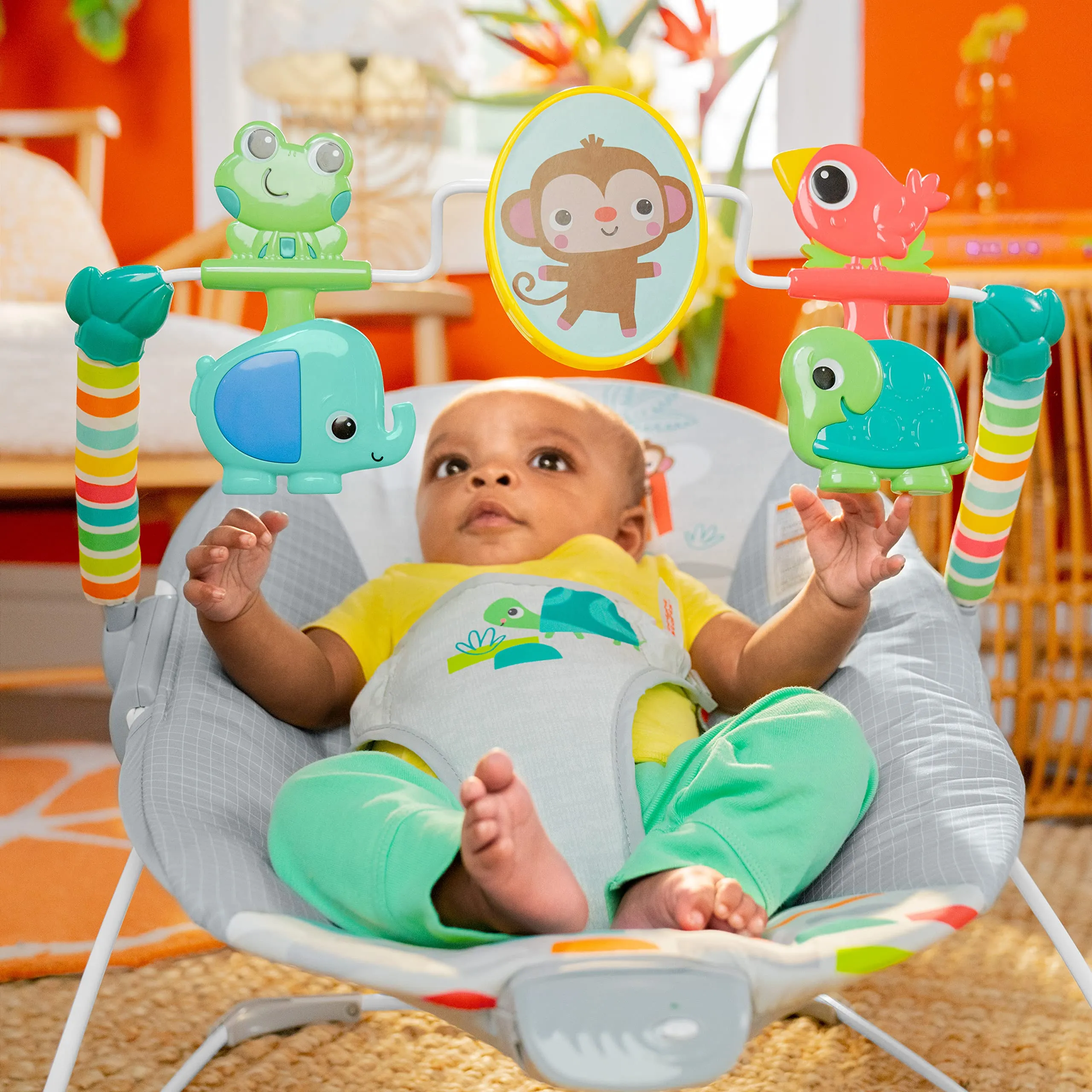 Bright Starts Comfy Baby Bouncer Seat with Vibration and Toys, Playful Paradise, 0-6 Months - immagine 6