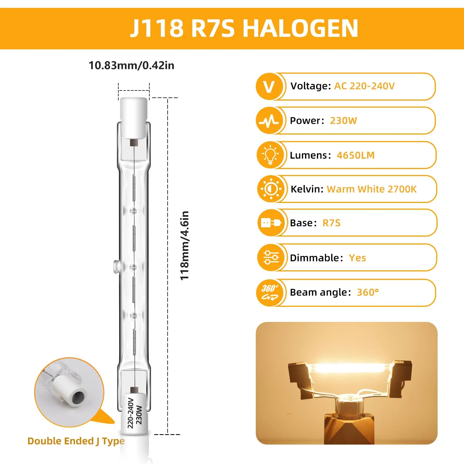 Caldarax Lampadina Alogena R7s 118mm 230W, 2700K Bianco Caldo, 4650LM, Dimmerabile, Confezione da 6 Pezzi - immagine 3