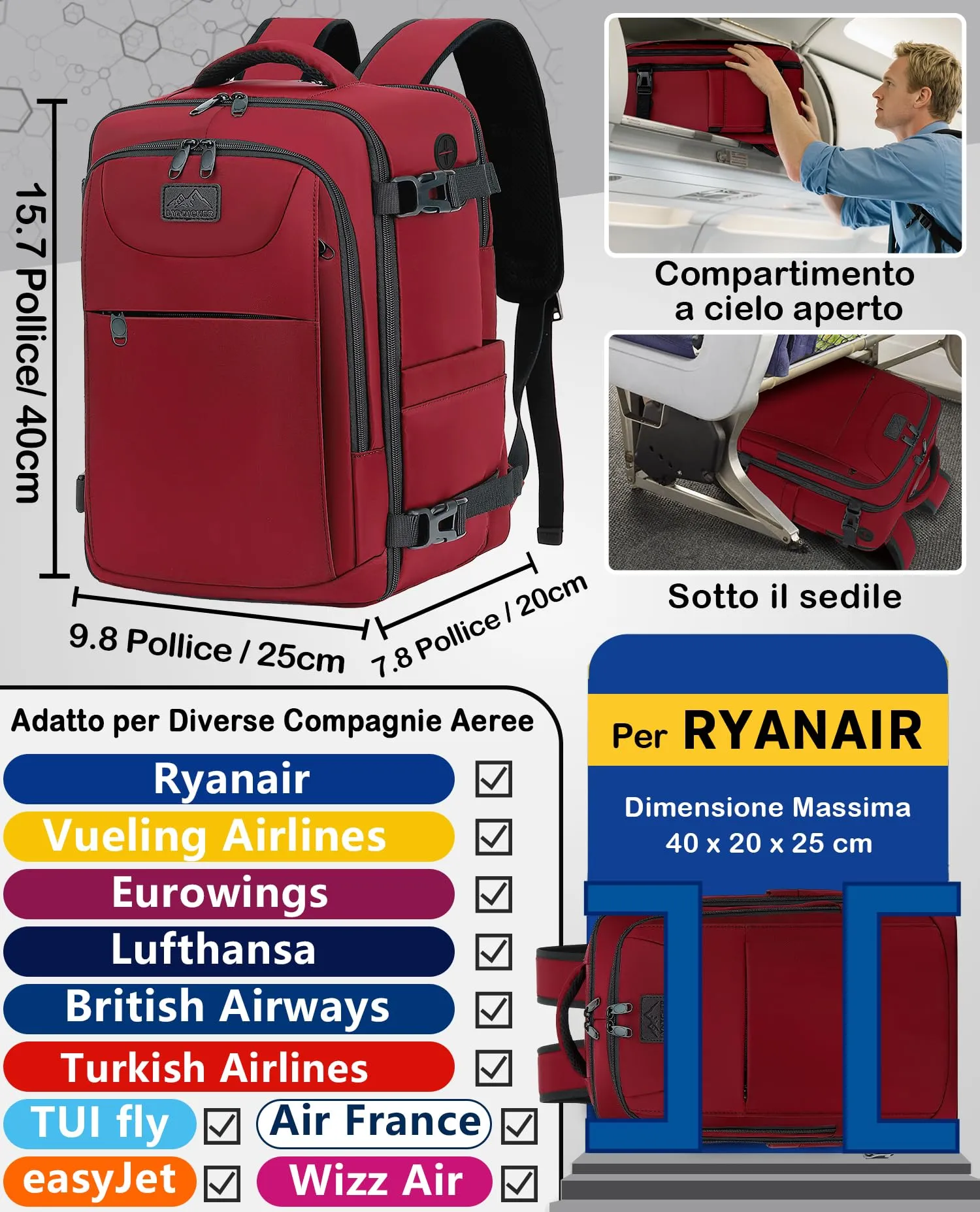 LYNXCHER Zaino da Viaggio Ryanair 40x20x25 cm 20L per PC 14 Pollici, Rosso Scuro - immagine 2