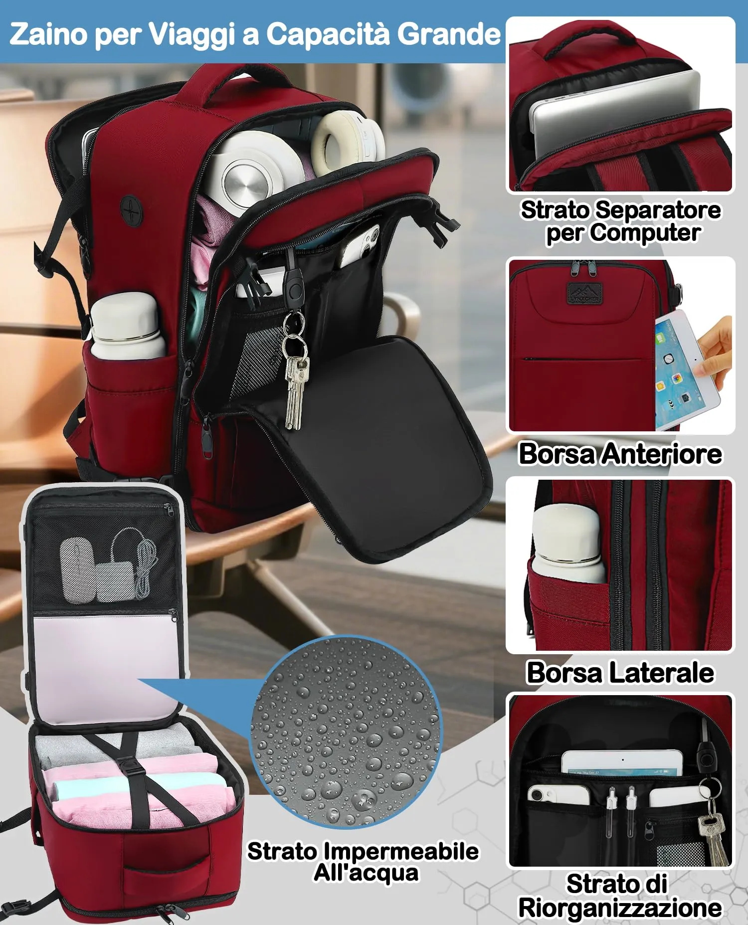 LYNXCHER Zaino da Viaggio Ryanair 40x20x25 cm 20L per PC 14 Pollici, Rosso Scuro - immagine 4