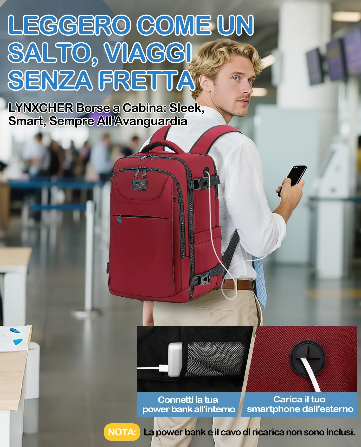 LYNXCHER Zaino da Viaggio Ryanair 40x20x25 cm 20L per PC 14 Pollici, Rosso Scuro - immagine 6