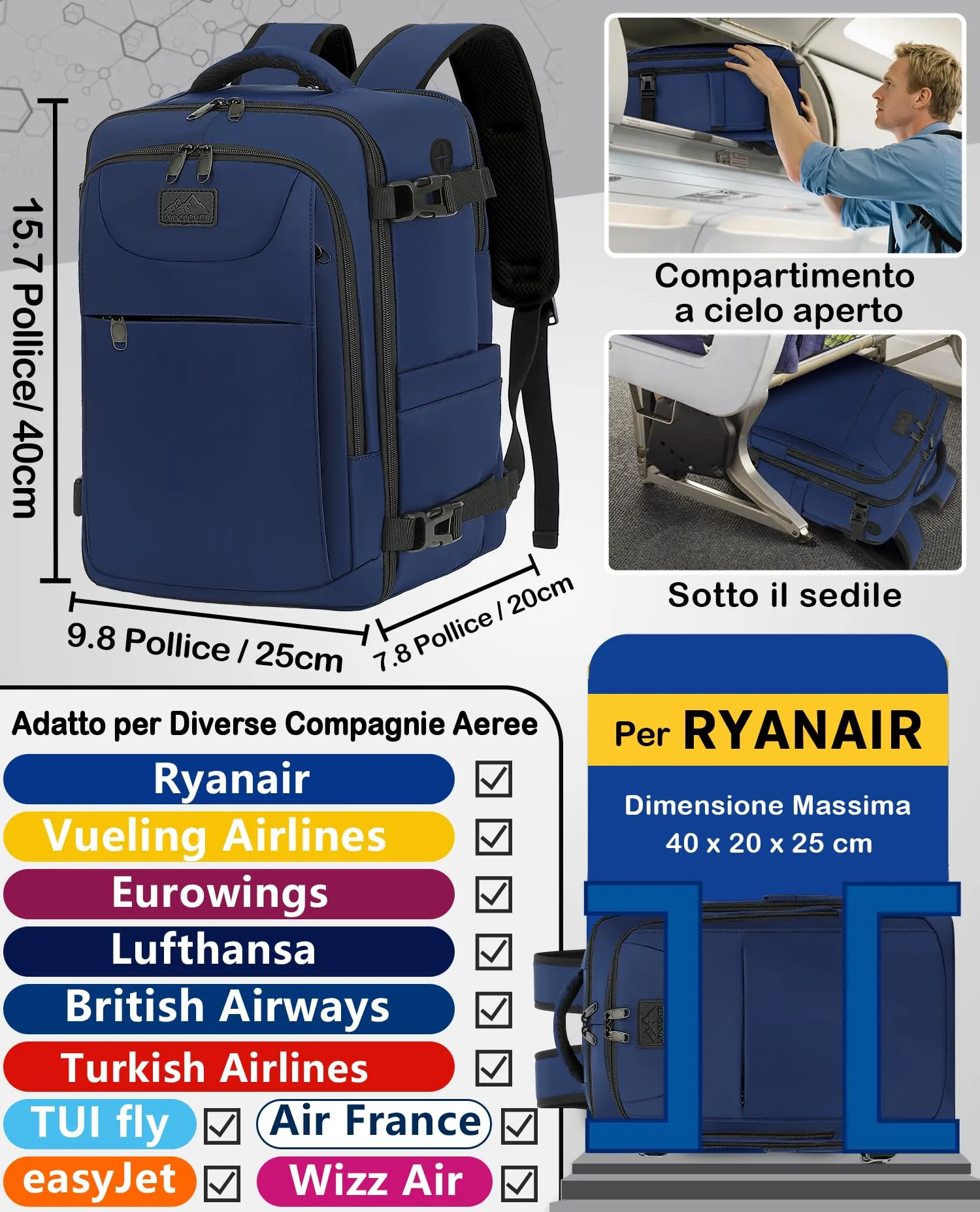 LYNXCHER Zaino da Viaggio Ryanair 40x20x25 cm, Bagaglio a Mano 20L con Porta PC 14 Pollici, Blu Scuro - immagine 2